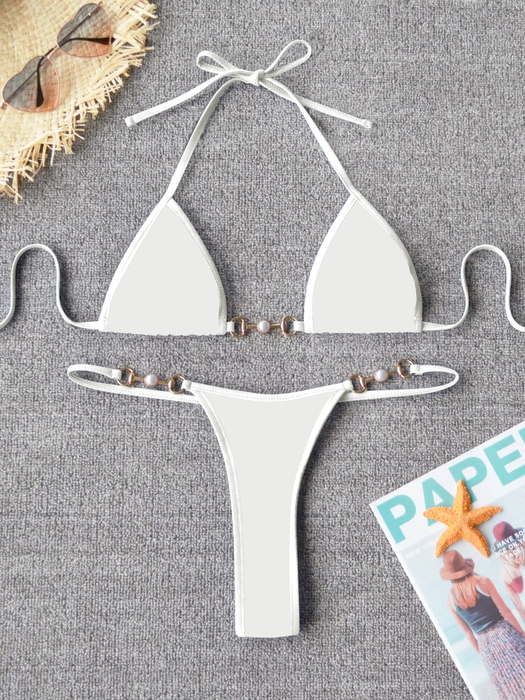TASHEHE Women's Triangle Thong Bikini Set Sexy Brazillian Two Piece Swimsuit String Bathing Suit - Solid White - Small