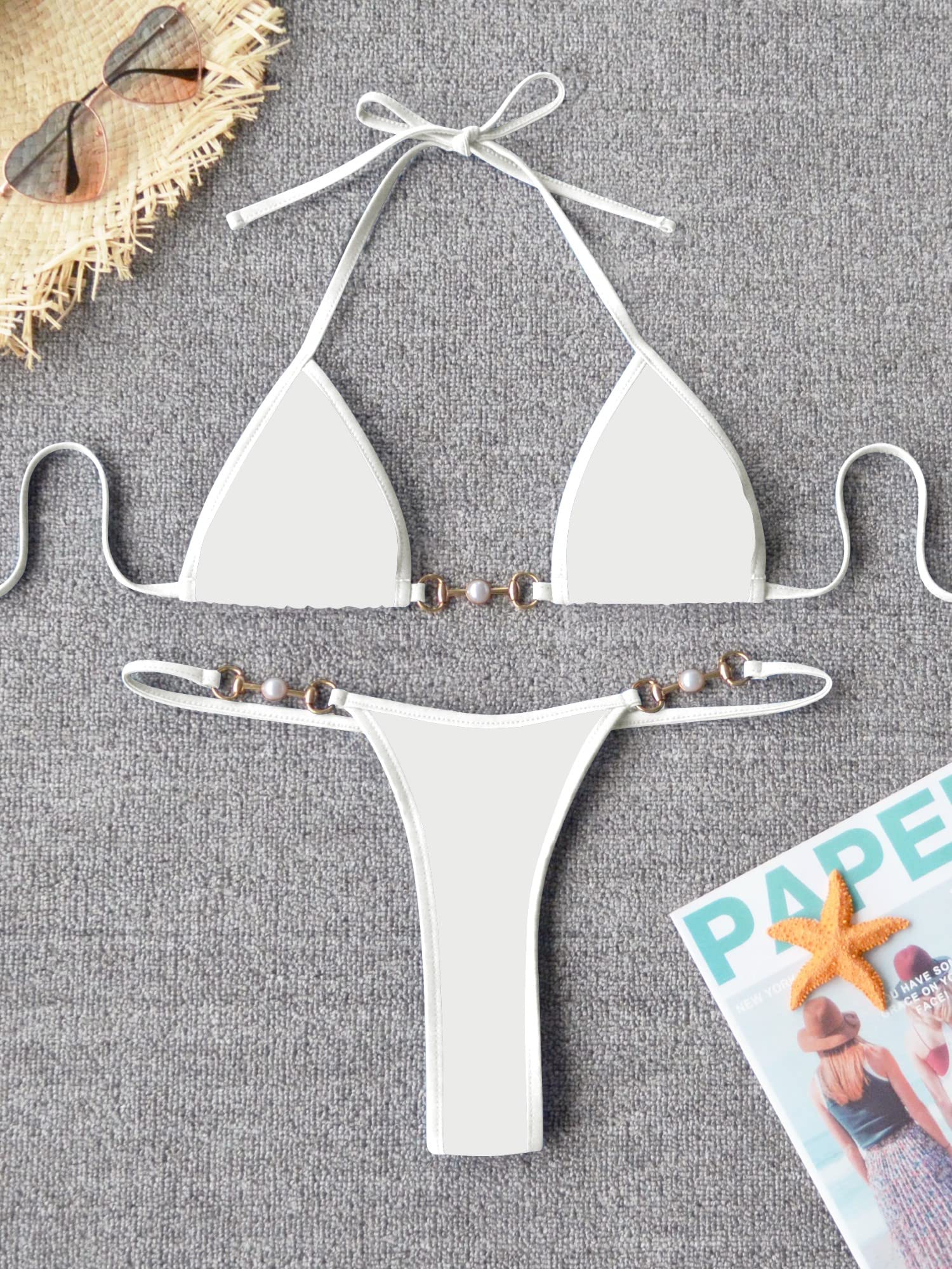 TASHEHE Women's Triangle Thong Bikini Set Sexy Brazillian Two Piece Swimsuit String Bathing Suit - Solid White - Small