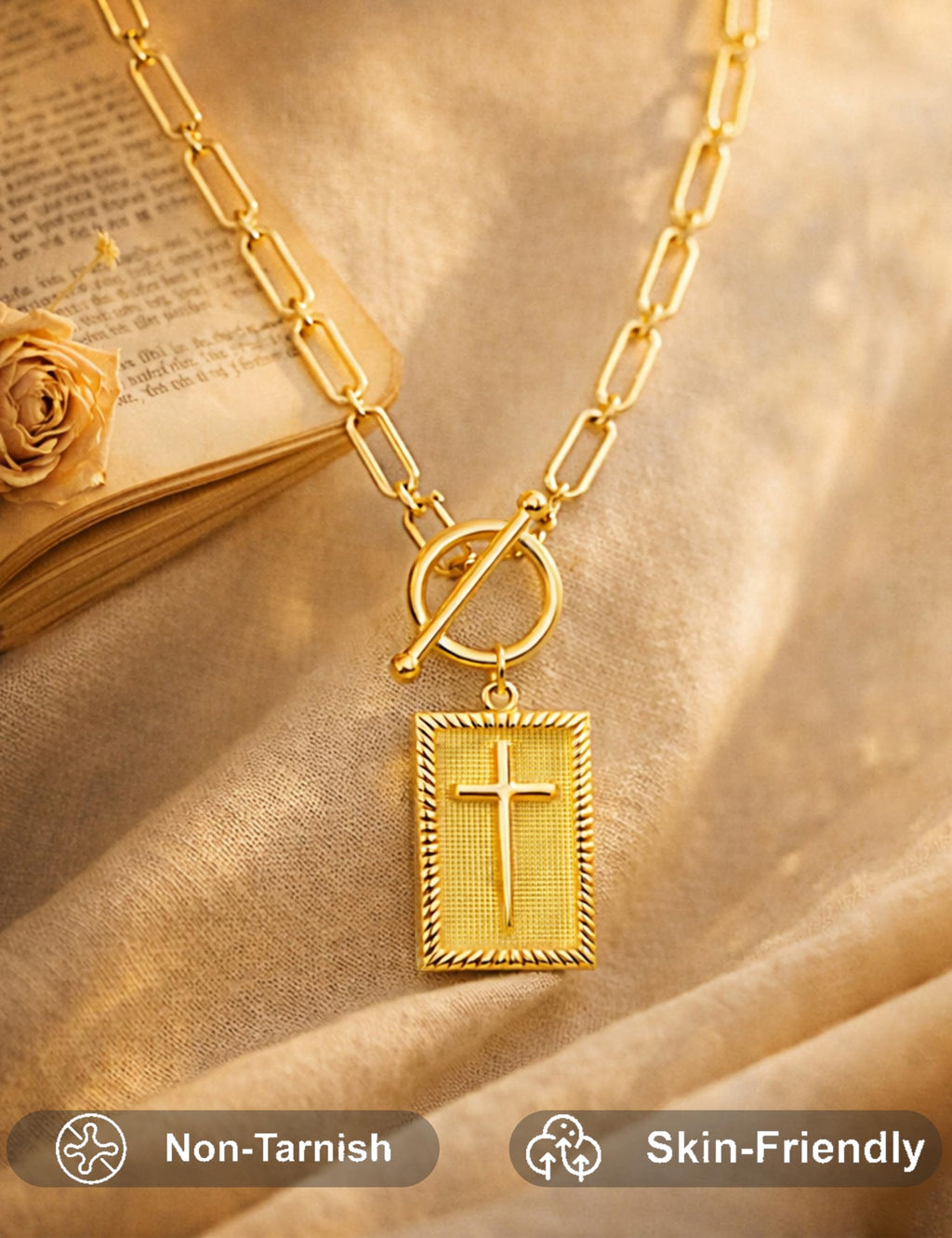 Carffordo Cross Necklace for Women - Dainty 14K Gold Plated Cross Pendant Necklaces Trendy Toggle Clasp Paperclip Chain Simple Religious Jewelry Christmas Gift