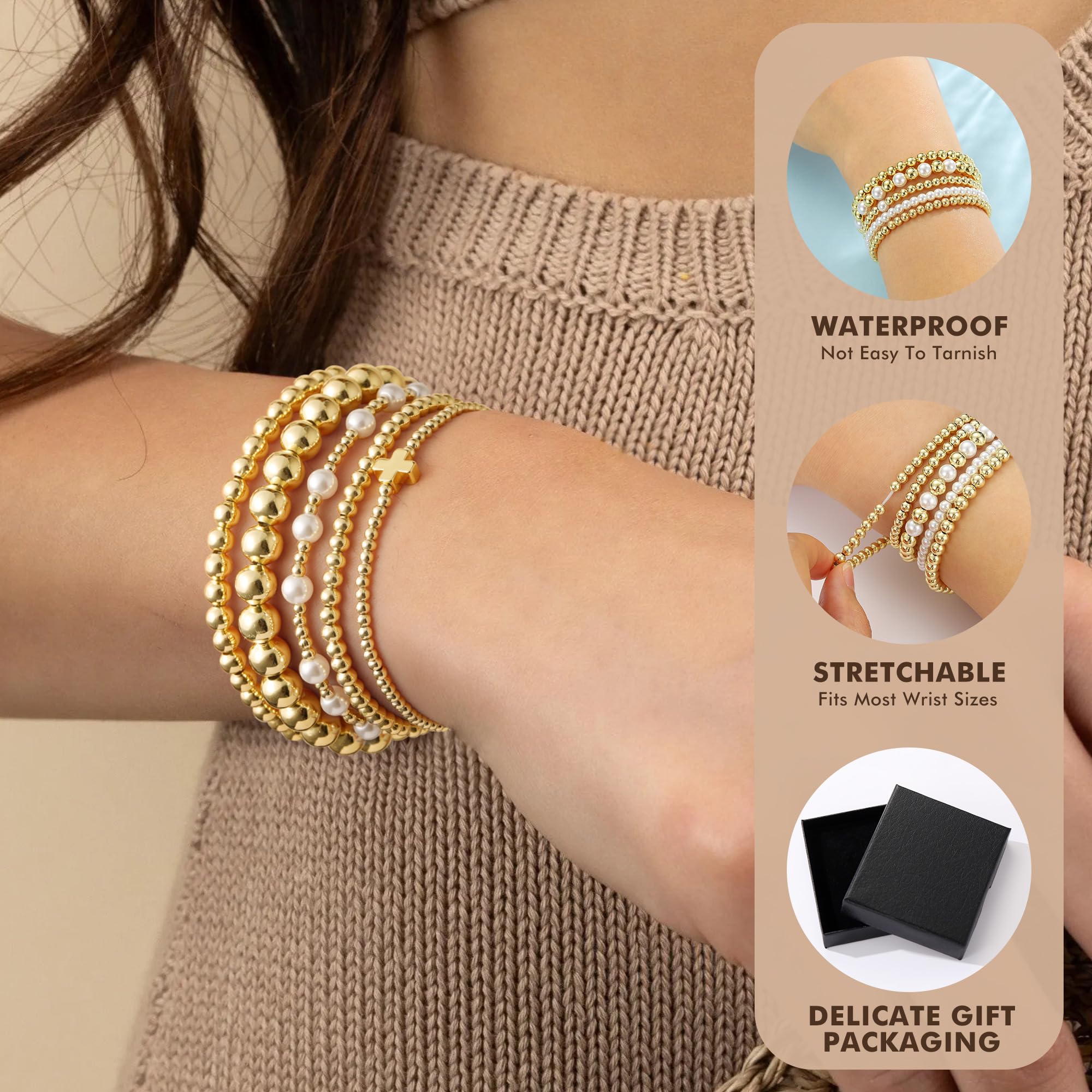 Yoosteel Gold Beaded Bracelets Set for Women - Valentines Gifts for Her Kids 14k Gold-Plated Dainty Round Bead Cross Pearl Bracelet for Women Teenage Girl Gifts Stackable Bracelet Jewelry 5 PCS