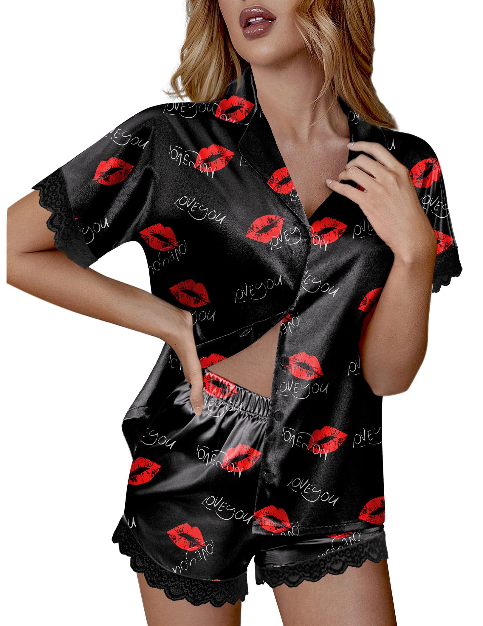Ekouaer Womens Satin Silk Pajamas Set Button Down Pjs Shorts Set, 2 Piece Lace Sleepwear for Valentines Day Gifts, LOVE YOU Lips, Small