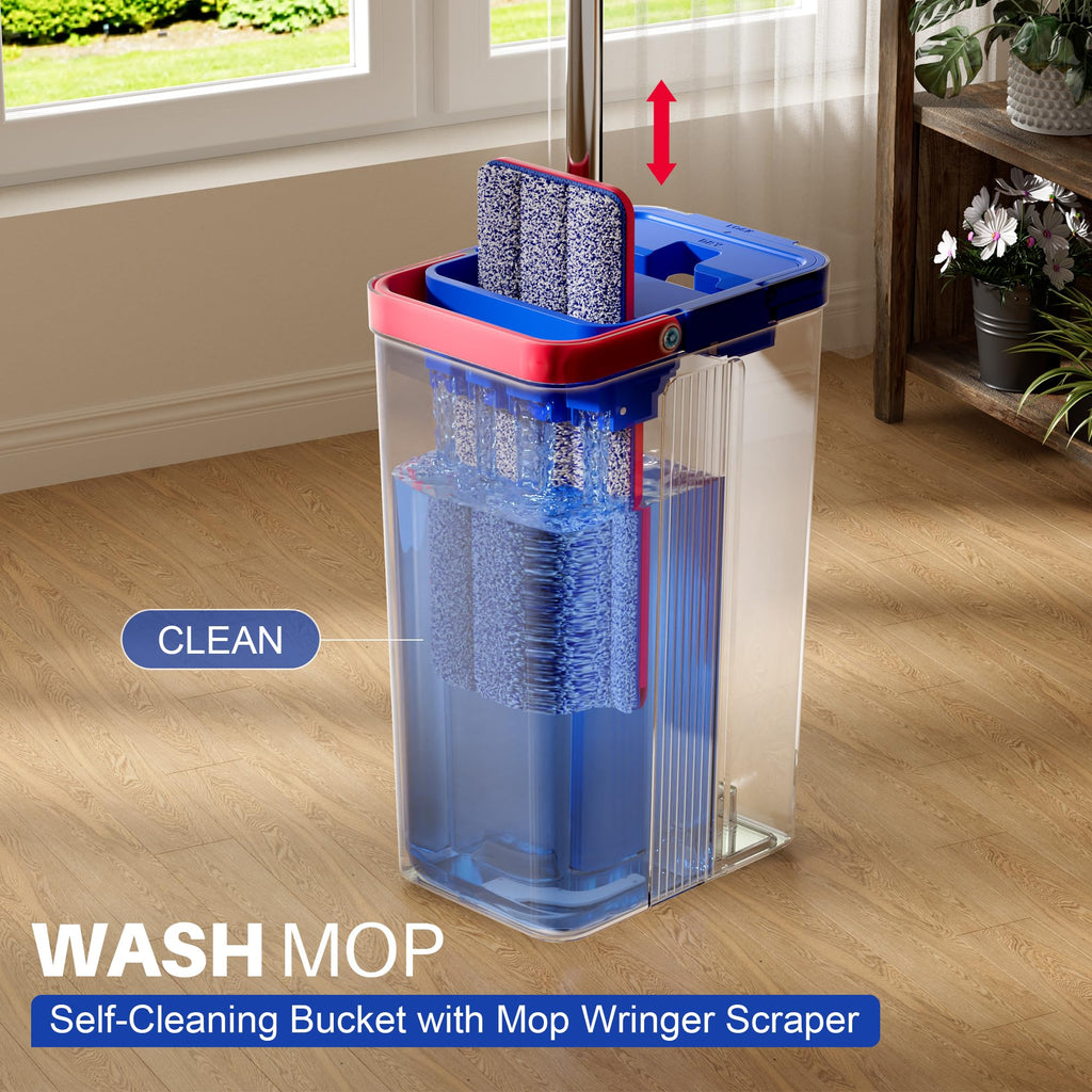 JOYMOOP Mop and Bucket with Wringer Set, Hands Free Flat Floor Mop and Bucket, with 4 Washable Microfiber Pads, Wet and Dry Use, Floor Cleaning System - Black+Red+Slate Blue