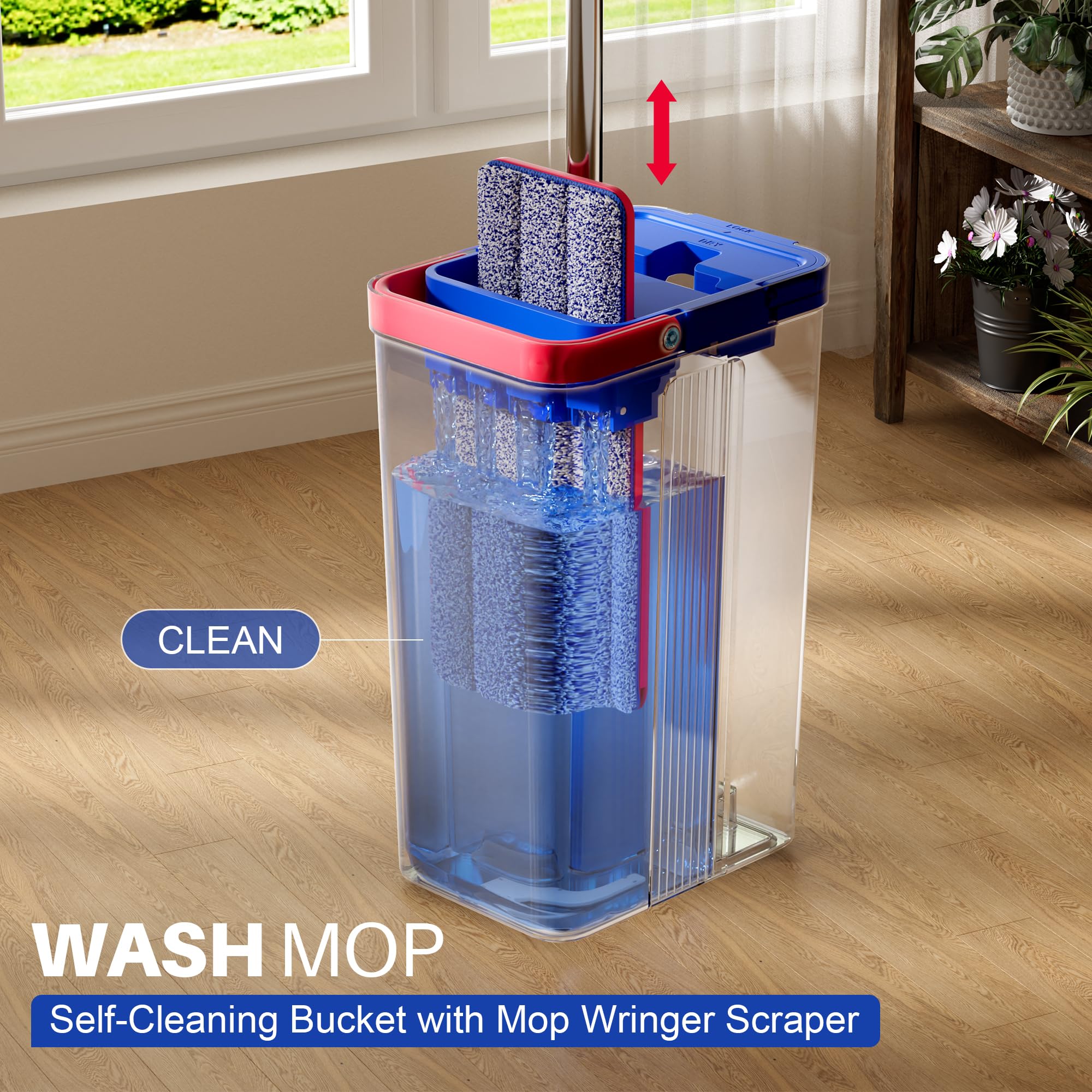 JOYMOOP Mop and Bucket with Wringer Set, Hands Free Flat Floor Mop and Bucket, with 4 Washable Microfiber Pads, Wet and Dry Use, Floor Cleaning System - Black+Red+Slate Blue