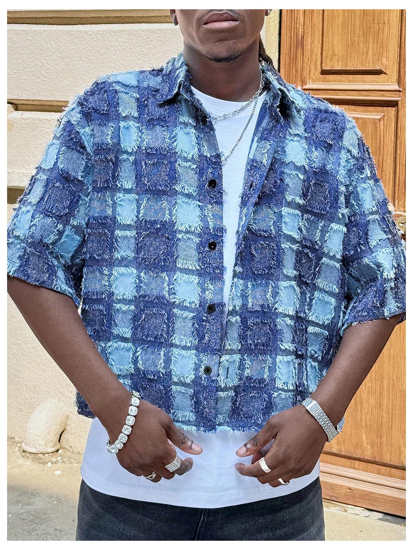 BEAUDRM Men's Cropped Button Down Shirt Y2k Gingham Short Sleeve Top Boxy Tee Shirts Summer Vocation Outfits Streetwear Blue Small