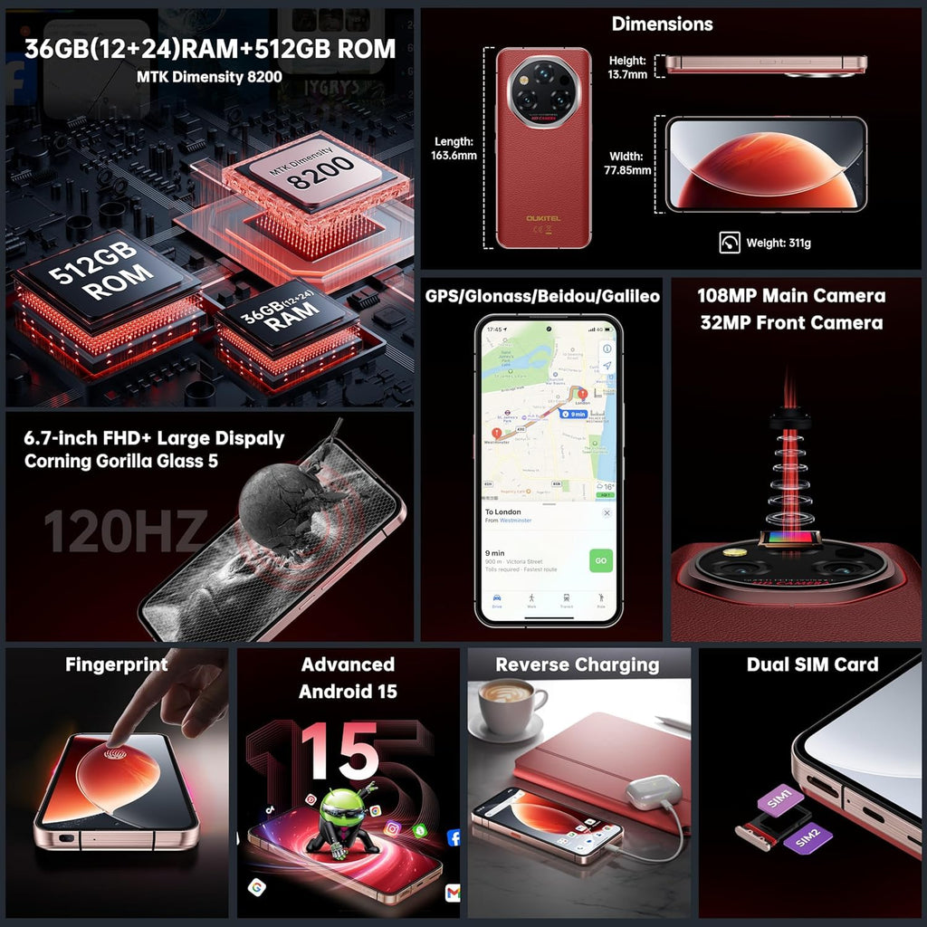 OUKITEL WP210 512GB Rugged Smartphone 5G Unlocked-36GB+512GB,8800mAh Massive Battery, 6.7" AMOLED 120Hz Display,108MP Camera, IP68/69K, Android 15, 45W Fast Charge, Dual SIM,Fingerprint, WiFi 6,Red