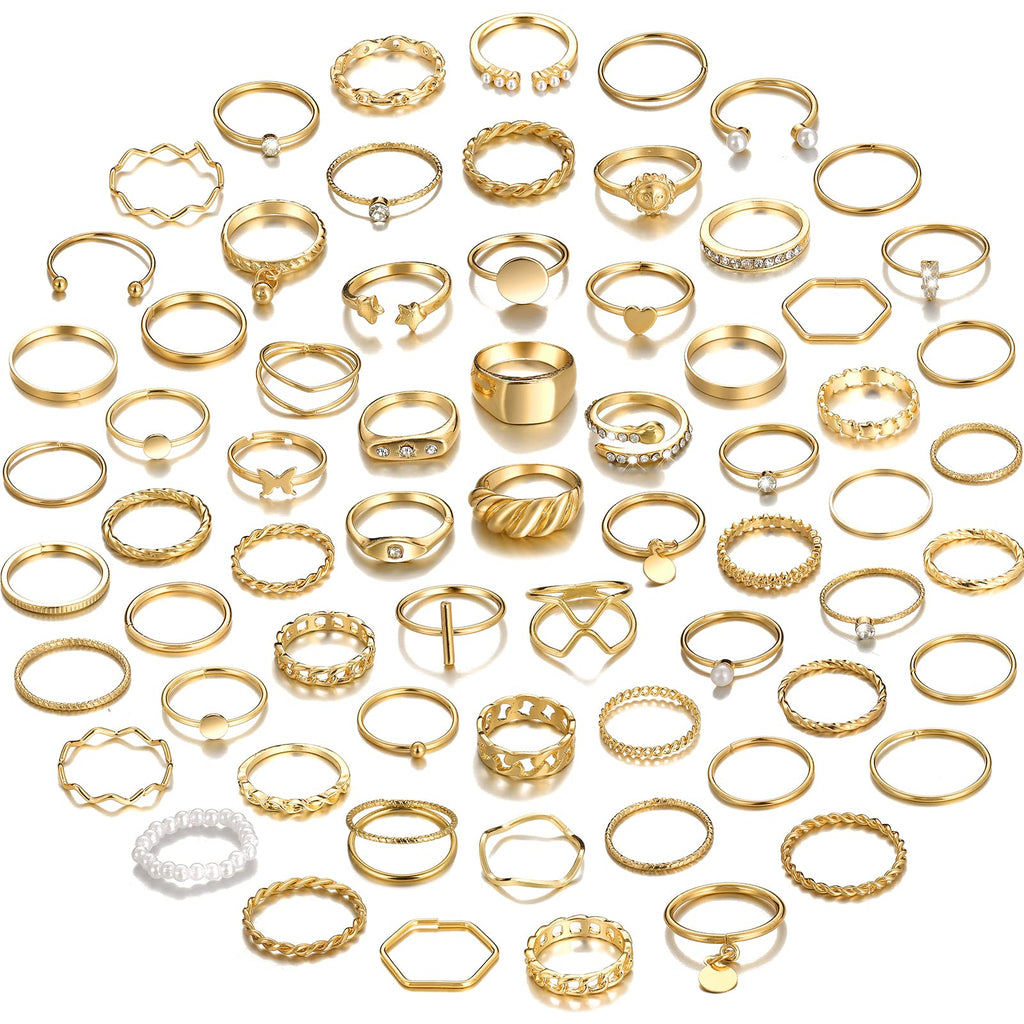 YEEZII 68 Pcs Gold Knuckle Rings Set for Women, Stackable Rings Boho Joint Finger Midi Ring Hollow Carved Crystal Stacking Rings Pack