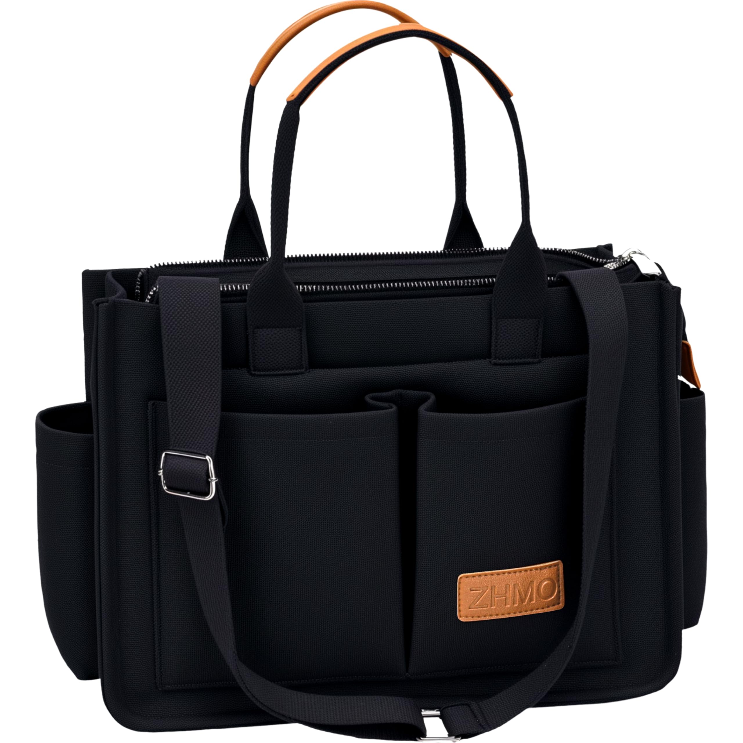 ZHMO Canvas Tote Bag for Women With Compartments and Zipper,Black Women's Bags Crossbody Bags Work Laptop Tote Bag Large Satchels Handbag Tote Purse Everyday Shoulder Bag for Travel Nurse Teacher Gift