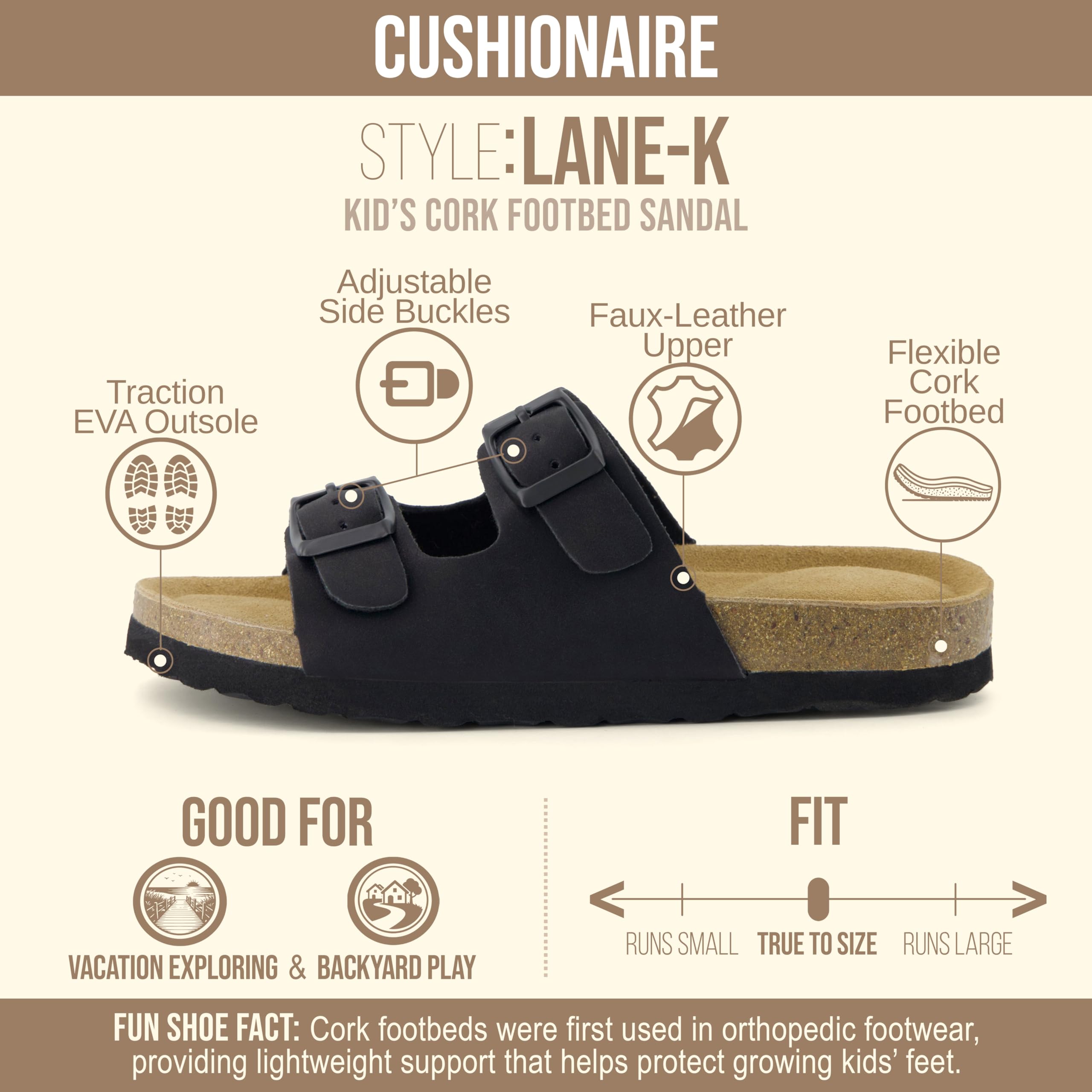 CUSHIONAIRE Lane Kids Sandals, Comfortable Cork Footbed Slide with Adjustable Straps and Supportive Design for Boys and Girls Sandals, BLACK 12