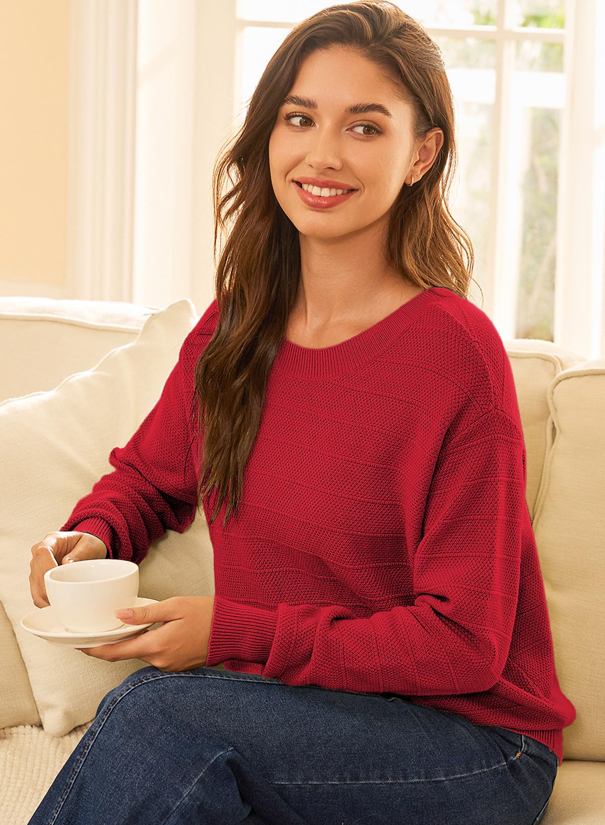 EVALESS Fall Sweaters for Women Long Sleeve Fashion Outfits 2025 Back Bow Knot Sweaters Round Neck Solid Fashion Clothes Knit Pullover Sweater Tops Red Medium