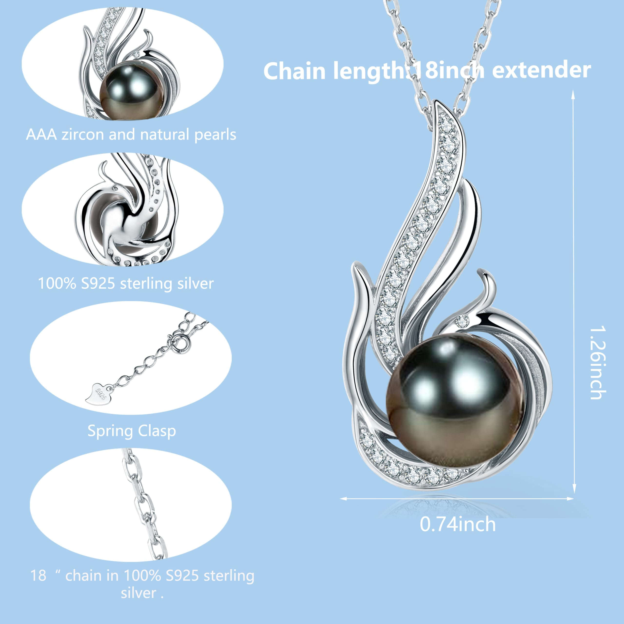 Tahitian Black Pearl Necklaces for Women-Pearl Phoenix Pendant-Christmas Mothers Day Valentine's Day Gifts Wife Mom Grandma Girlfriend Daughter Her Best Friend Birthday Anniversary Fine Jewelry