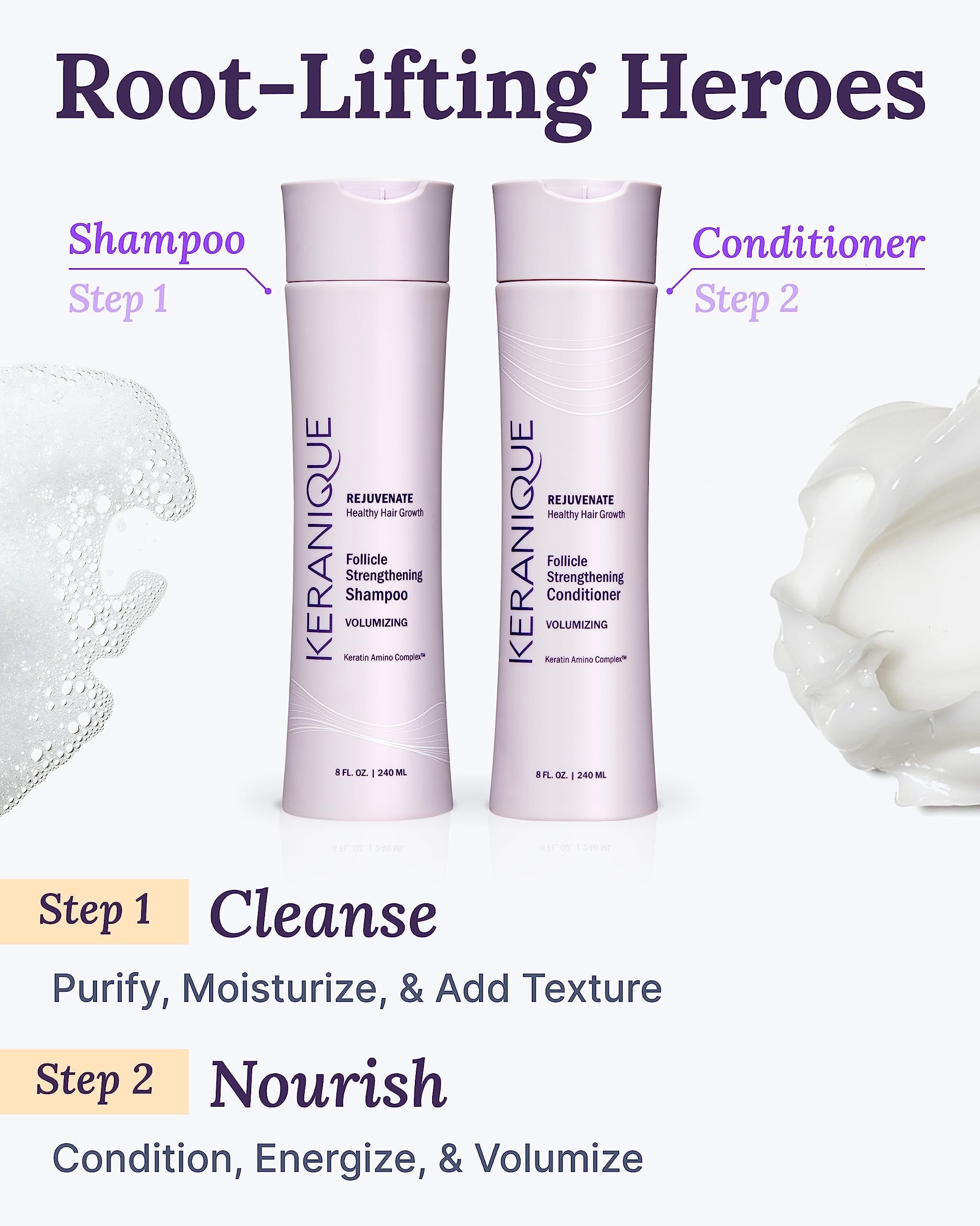 Keranique Volumizing Shampoo and Conditioner Set for Hair Repair and Growth with Biotin and Keratin for Women, Thinning Hair Formula, 8 Fl Oz Each
