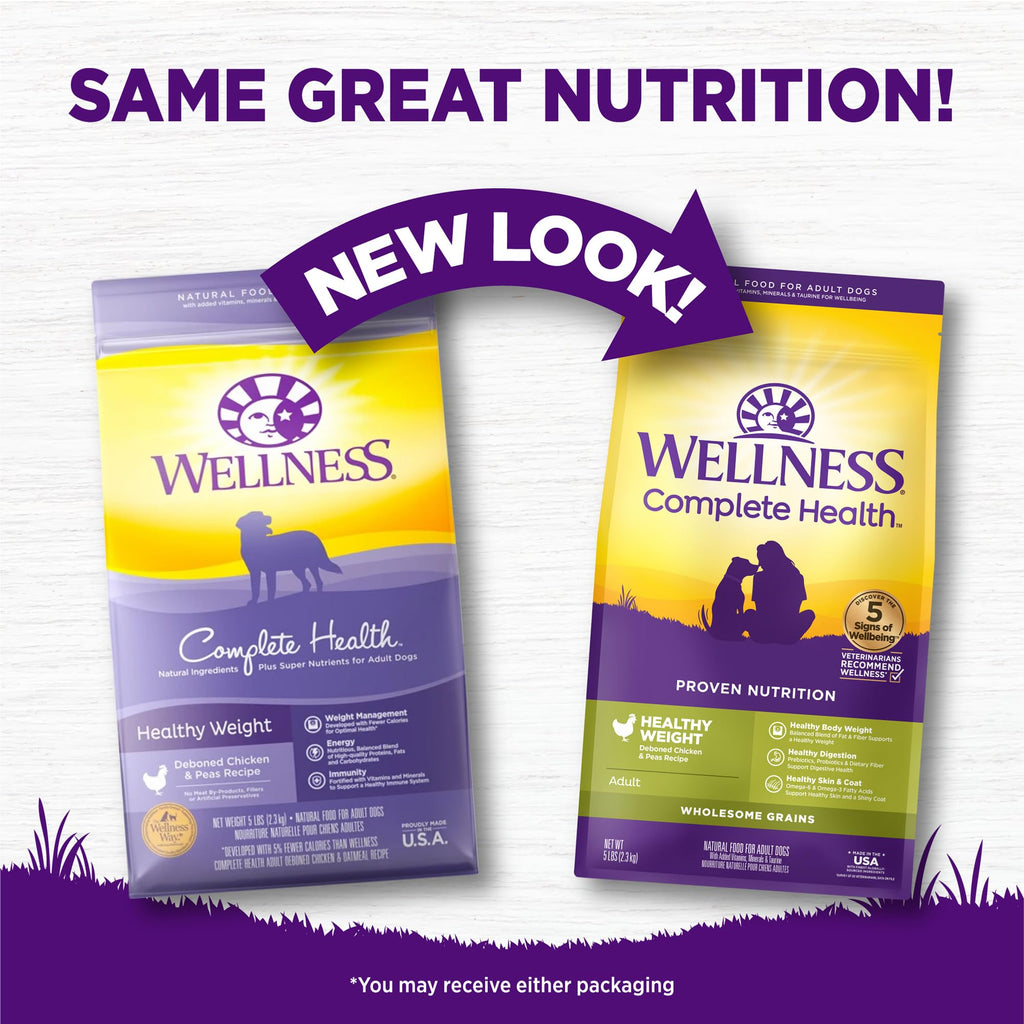 Wellness Complete Health Dry Dog Food, Wholesome Grains, Natural, Healthy Weight Chicken & Peas Recipe, (5-Pound Bag)