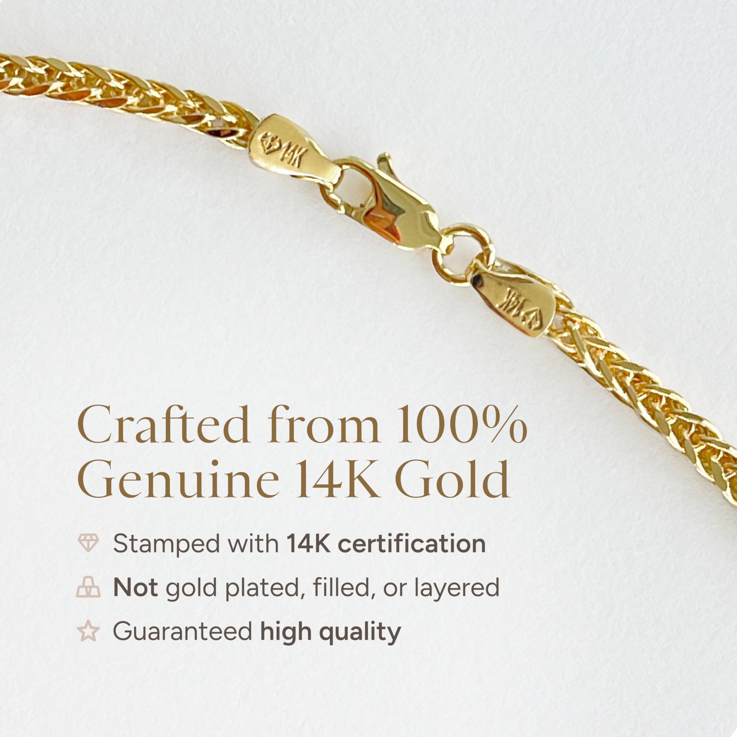 JEWELHEART 14K Gold Square Wheat Chain Necklace - 3.2mm Braided Yellow Gold Necklace For Men Foxtail Gold Chain Diamond Cut Real Gold Chain Pendant Necklace For Women with Lobster Clasp 24"