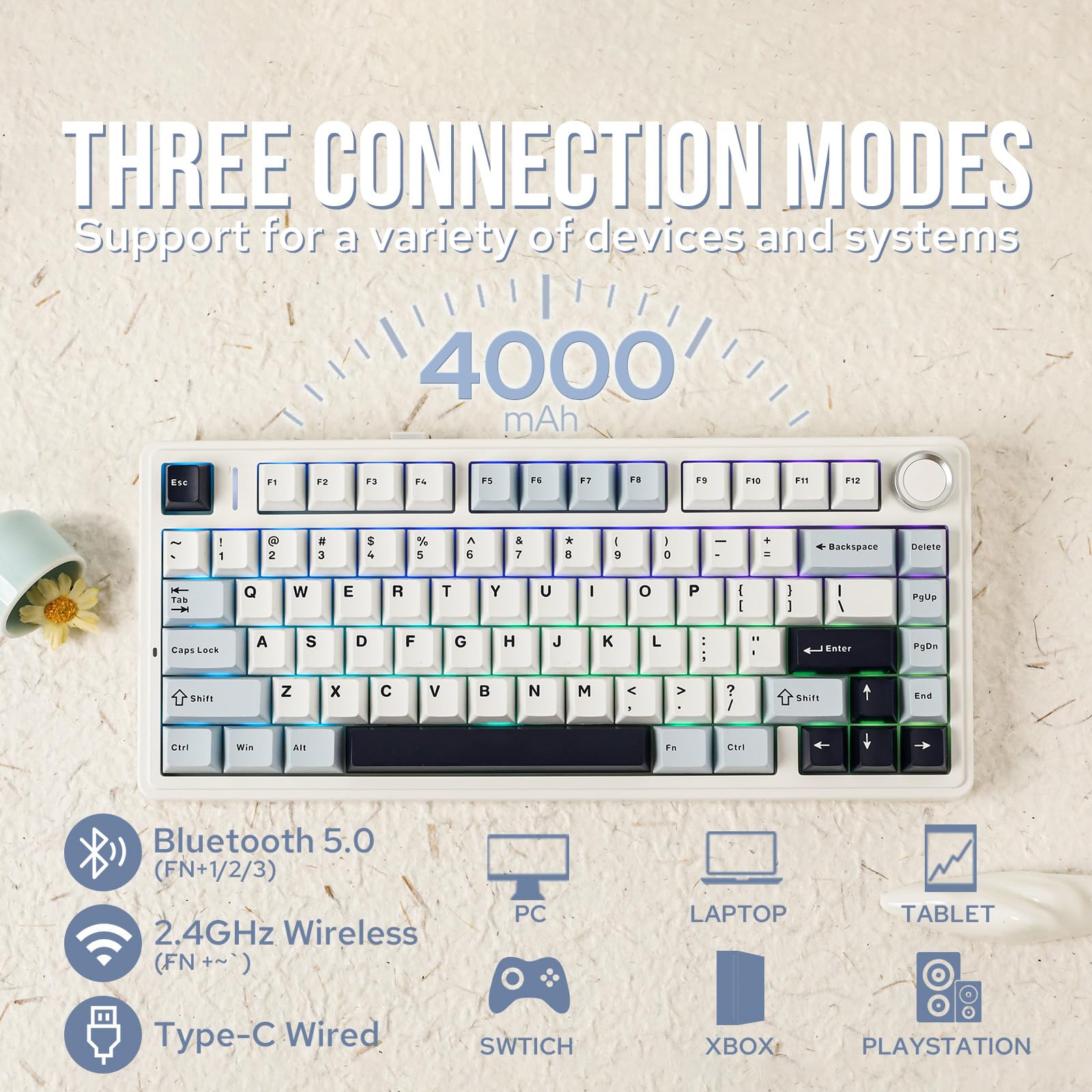 EPOMAKER x Aula F75 Gasket Mechanical Keyboard, 75% Wireless Hot Swappable Gaming Keyboard with Five-Layer Padding&Knob, BT/2.4GHz/USB-C, RGB (Light Blue, LEOBOG Reaper Switch)