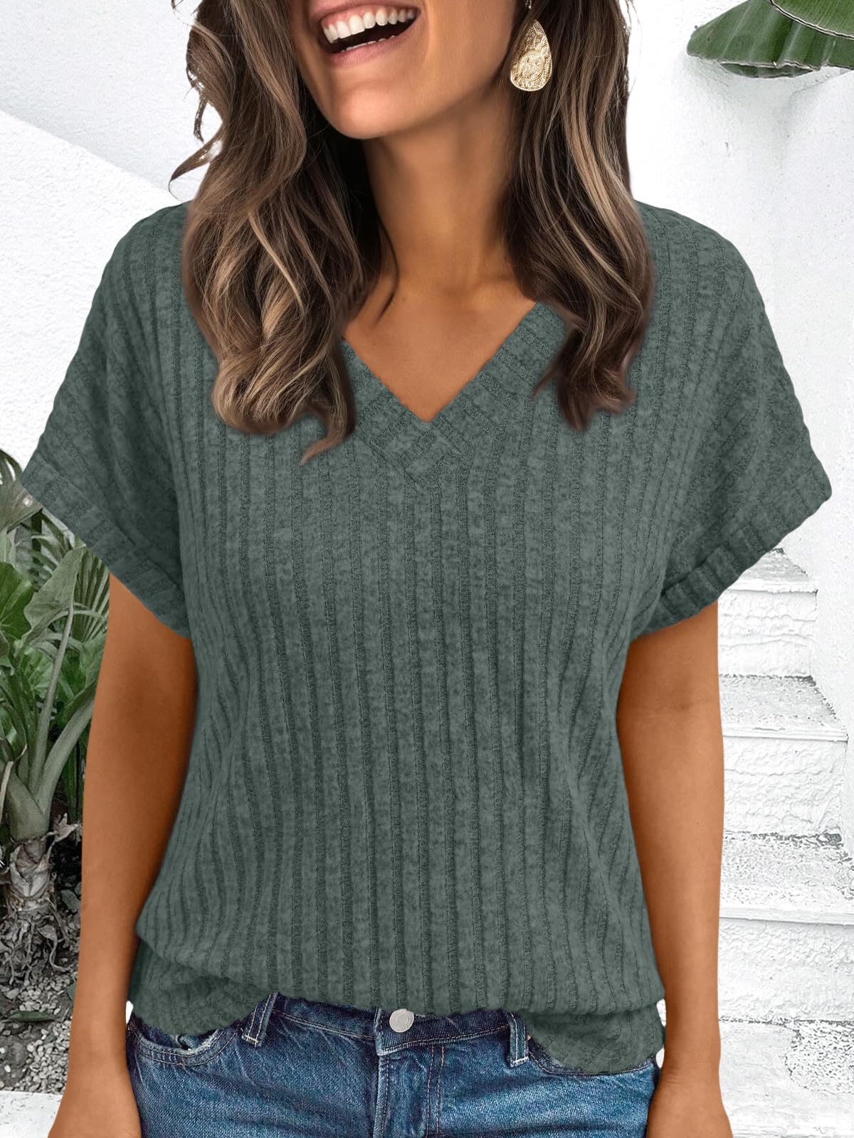 AUTOMET Womens Spring Tops 2026 Summer Dressy Casual Blouses Short Sleeve Cute V Neck Sweater Shirts Fashion Vacation Clothes Green L