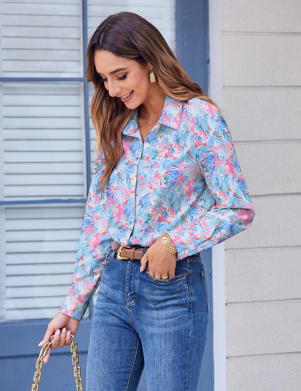 Zeagoo Spring Tops for Women Floral Blouses Long Sleeve Button Down Shirts Casual Fashion Collared Clothes
