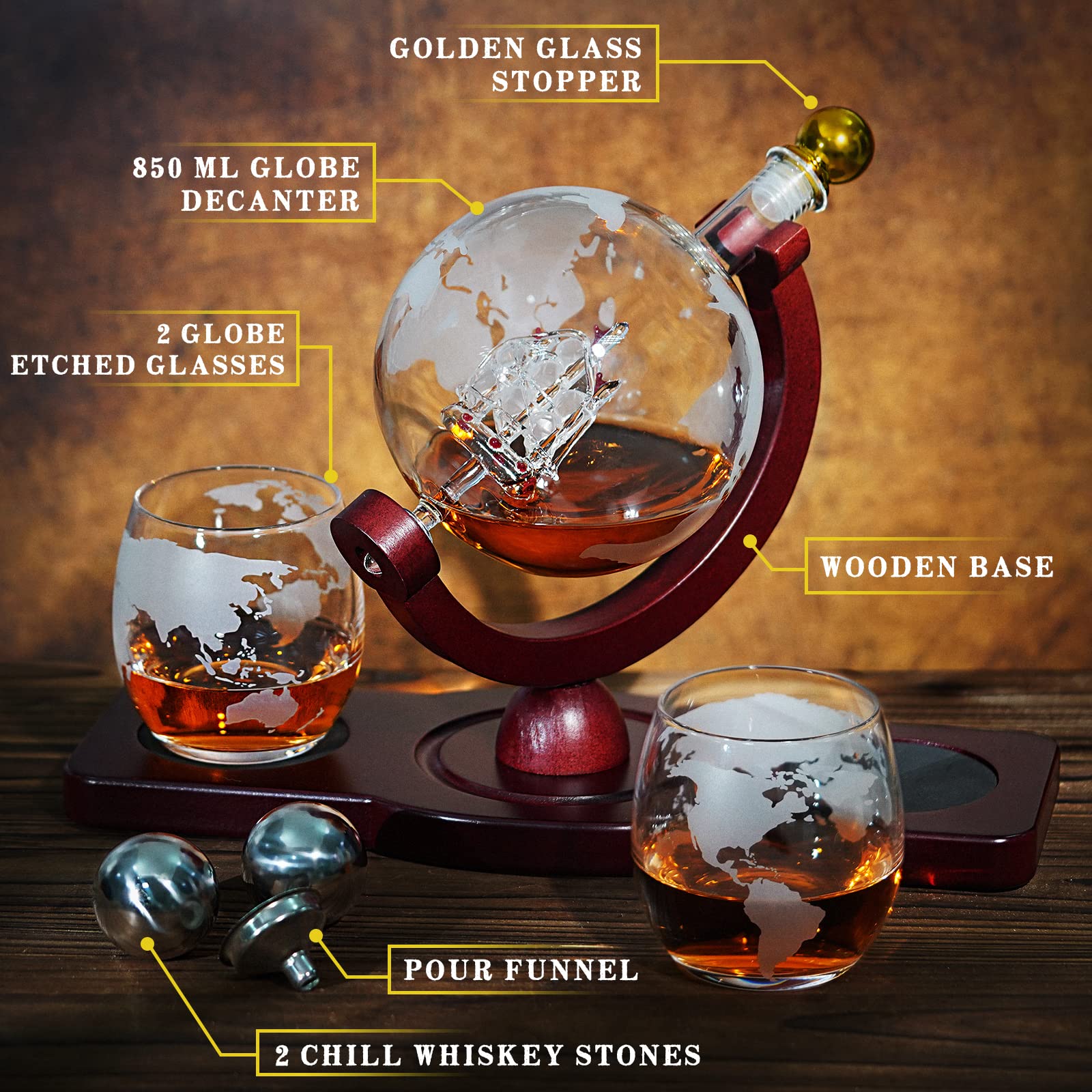 PONPUR Gifts for Men Dad Fathers Day, Whiskey Decanter Globe Set with 2 Ball Stones & 2 Glasses, Anniversary Birthday Gifts for Him Husband Boyfriend Brother, Cool Stuff Gift for Bourbon Scotch