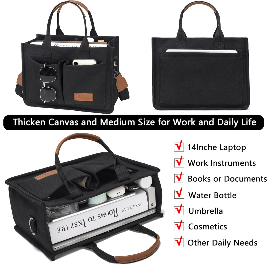 ZHMO Canvas Tote Bag for Women With Compartments and Pocket,Black Women's Bags Crossbody Bags Work Laptop Tote Bag Large Satchels Handbag Tote Purse Everyday Shoulder Bag for Travel Nurse Teacher Gift