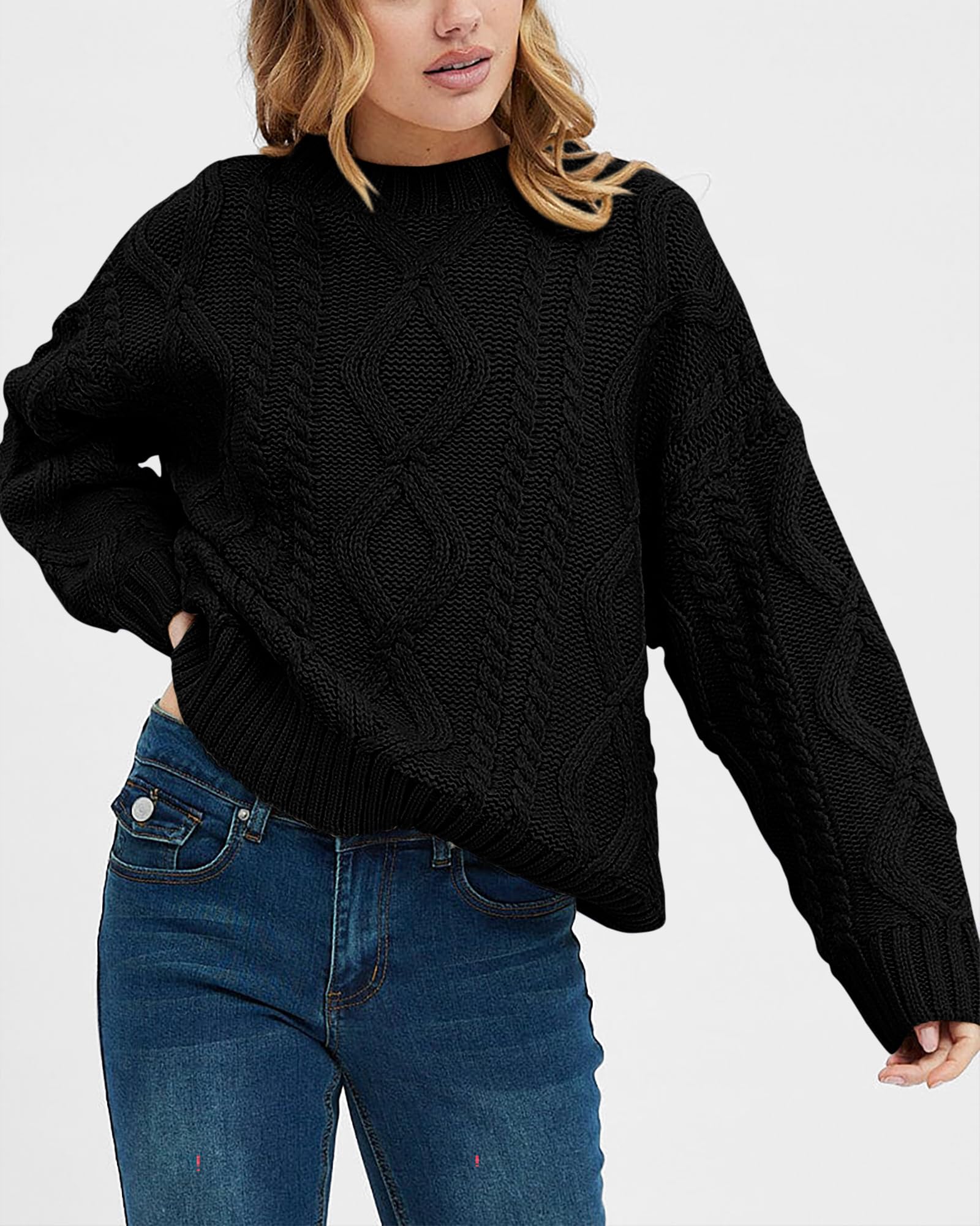 BTFBM Casual Women Long Sleeve Sweater 2025 Fall Ribbed Knit Pullover Loose Crewneck Cable Sweater Jumper Tops(Black,Medium)