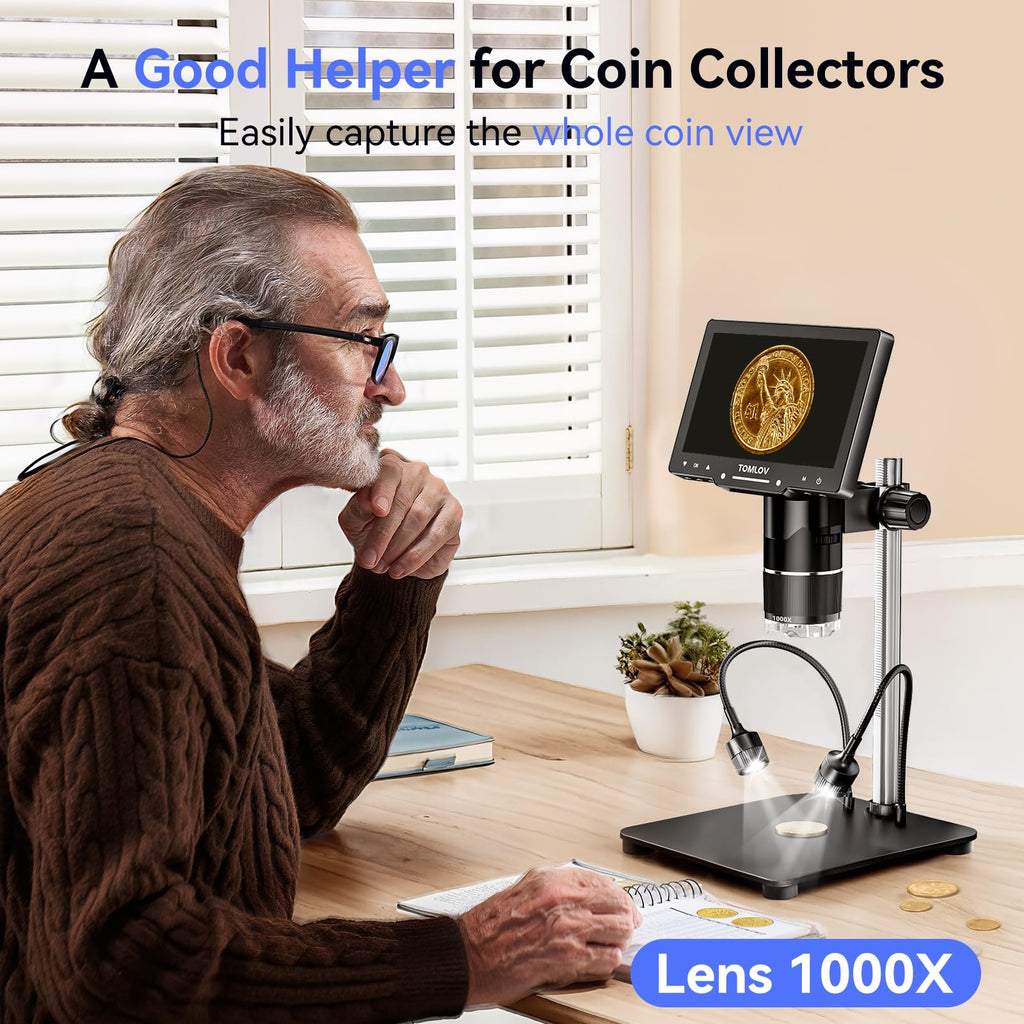 TOMLOV TriL107 3-Lens Digital Microscope: 7" 2500X 2K HDMI Coin Microscope Magnifier for Whole Coin View with IPS Screen, LCD Soldering Microscopes for Adults, 14 LED Lights, PC/TV Compatible, 64GB