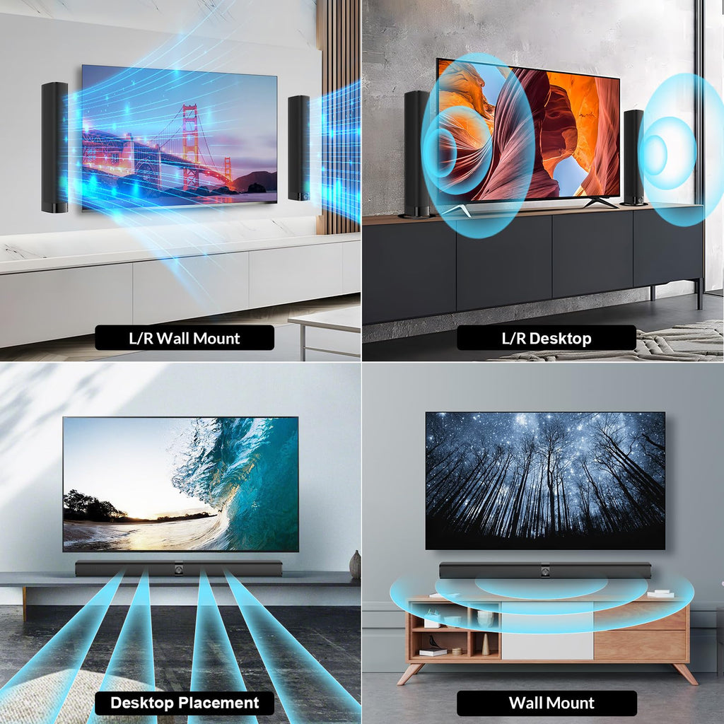Assistrust Sound Bar for Smart TV, Soundbar with Bluetooth/ARC/Opt/AUX Connect, Auto Volume Boost, 3 Equalizer Modes, 2 in 1 Detachable Soundbar for TV/PC/Gaming/Projectors