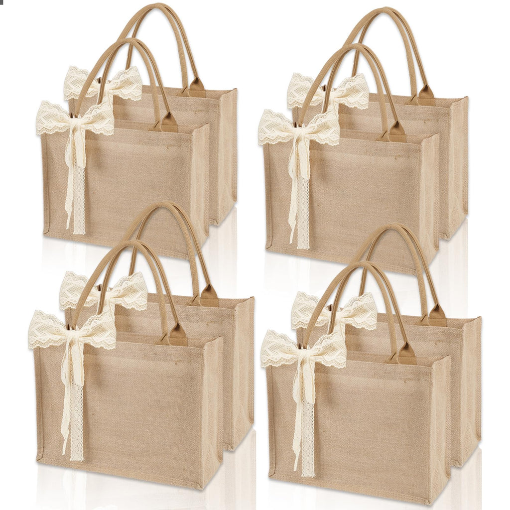 8pcs Burlap Tote Bag Set with Handles, Waterproof Reusable Blank Water Resistant Grocery Bags with Ribbon Large Jute Tote 15.35*6*12 In for Women Bridesmaid Gift Christmas Shopping Wedding Travel DIY