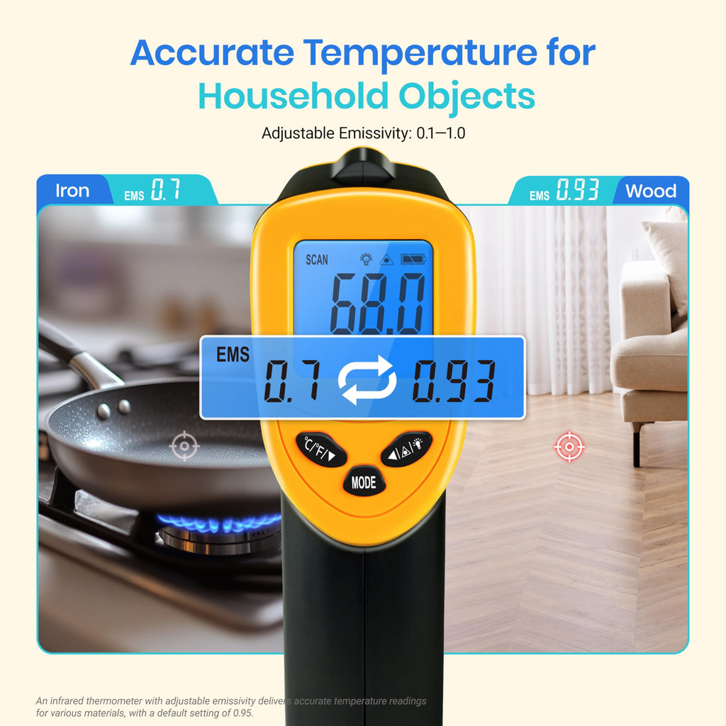 Etekcity Infrared Thermometer Laser Temperature Gun 774, Meat Food Candy Oven Thermometer for Griddle Accessories, Heat Gun for Cooking Refrigerator Tools, Adjustable Emissivity & Max Measure, Yellow