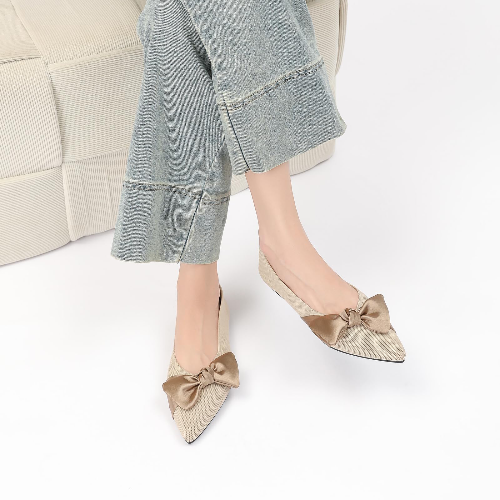 Semwiss Pointed Toe Ballet Flats for Women Slip On Comfortable Flats with Bow Dressy Casual Work Shoes Beige Size 8