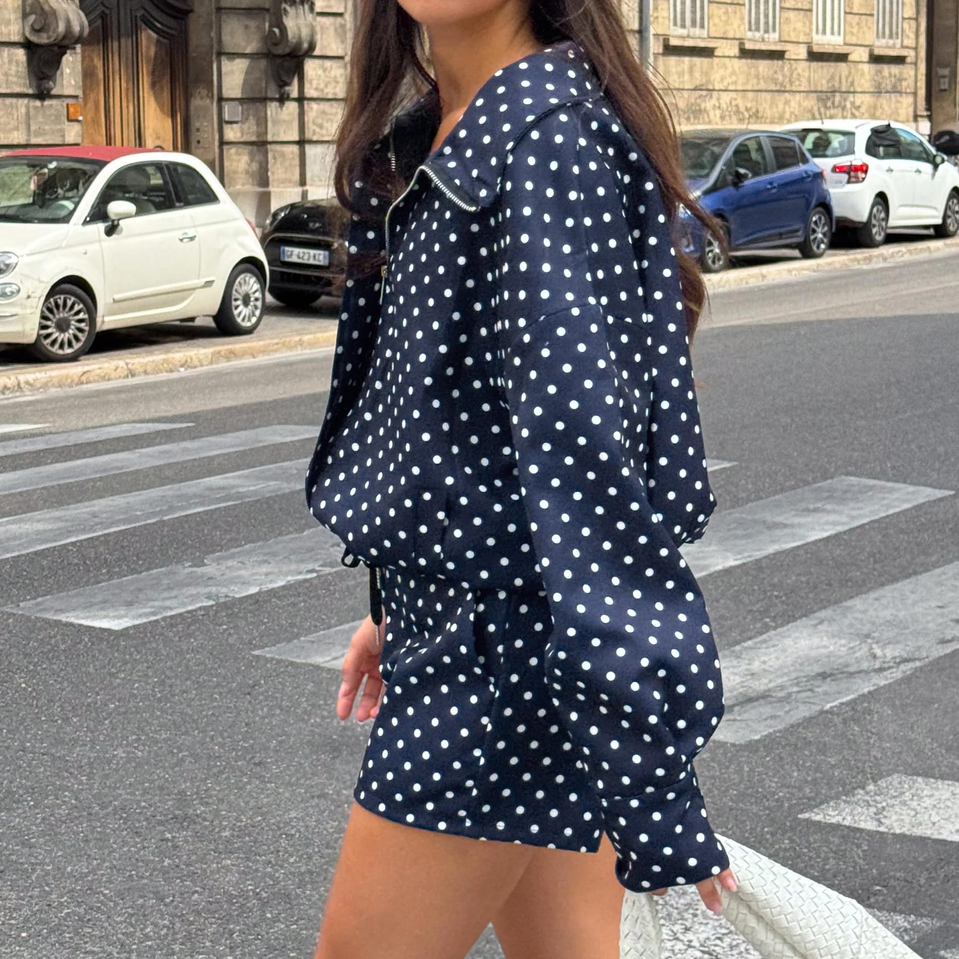 Songling Women Bomber Jacket Casual Coat Zip Up 2025 Trendy Fall Outfits Lightweight Polka Dot Puffer Jacket with Pockets(Navy,M)