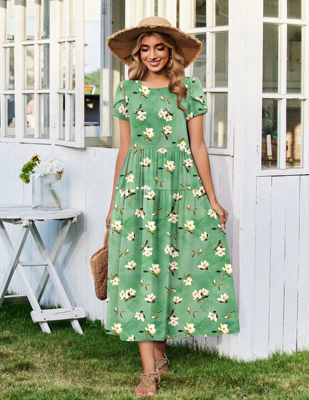 Zeagoo Green Dress for Women Casual Loose Bohemian Floral Dress A Line Flowy Maxi Dress Green Floral M