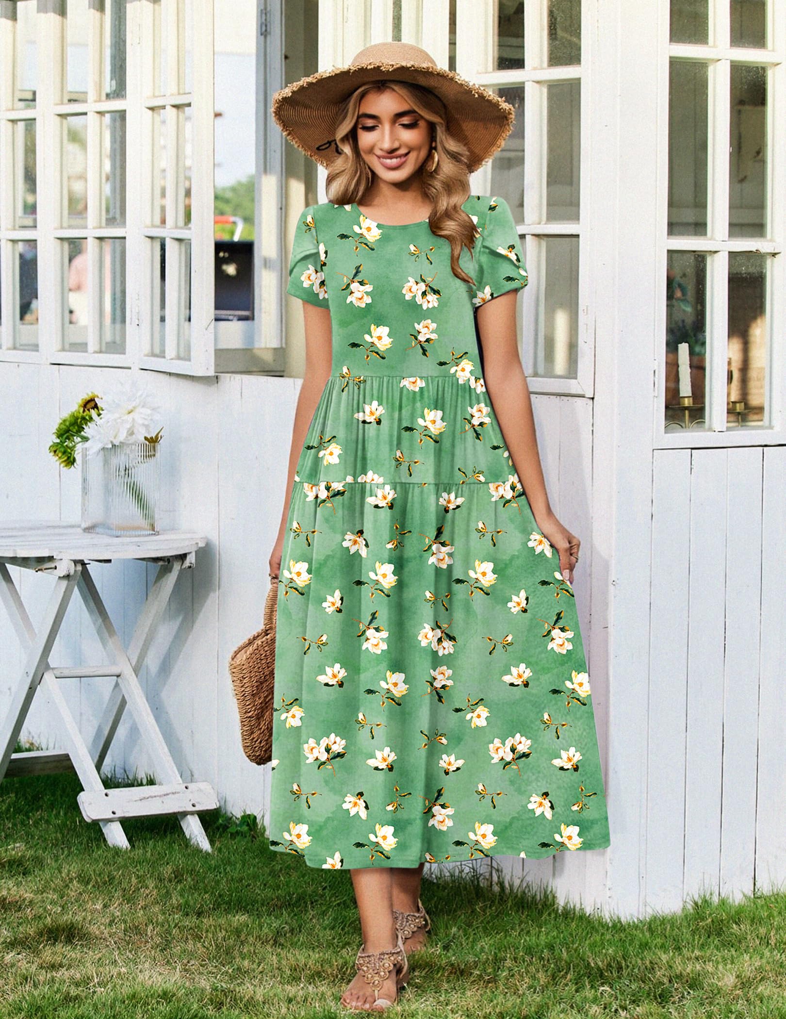 Zeagoo Green Dress for Women Casual Loose Bohemian Floral Dress A Line Flowy Maxi Dress Green Floral M