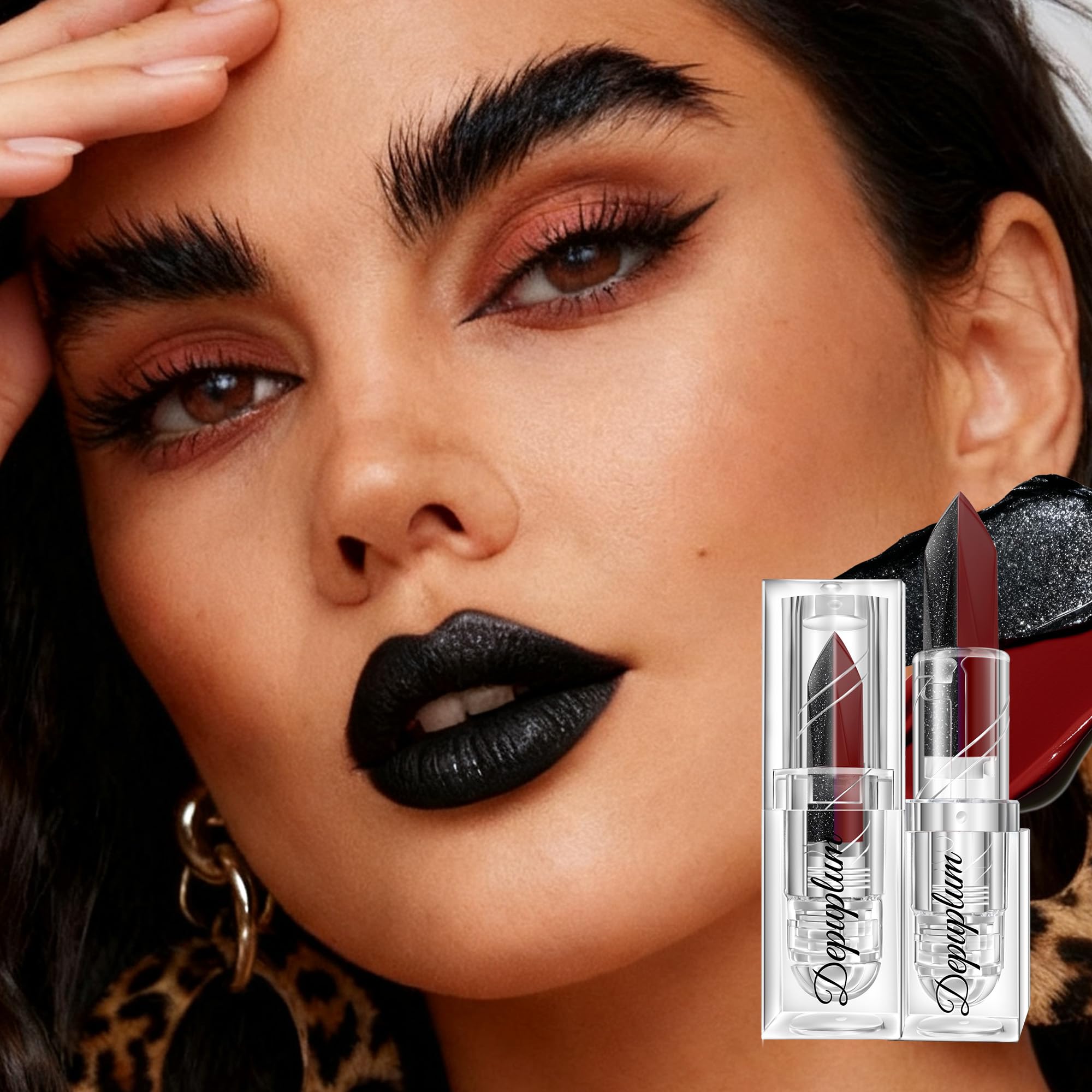 Depuplum 2 in 1 Red Matte Lipstick Glitter Black Lipstick Dual Sided Waterproof Lipsticks for Women One Stroke Two-Tone Long Lasting Lip Stick for Christmas Halloween, DU-G7