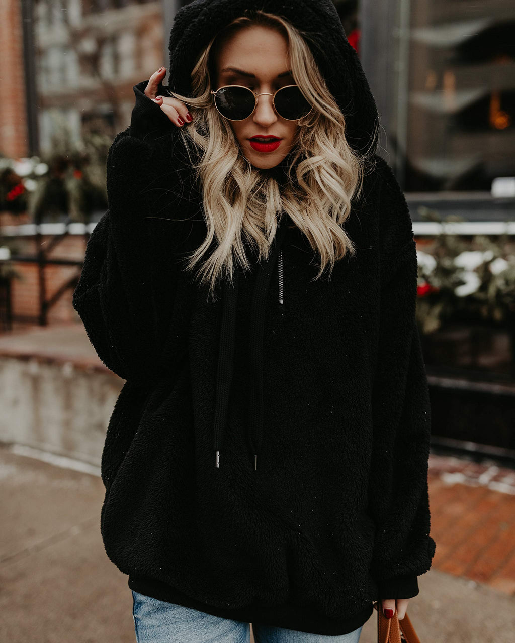 Acelitt Women's Winter Plus Size Zip Fuzzy Sherpa Sweatshirt Long Sleeve Fashion Loose Fleece Casual Hoodies Jackets Pullovers Sweater Black XXL