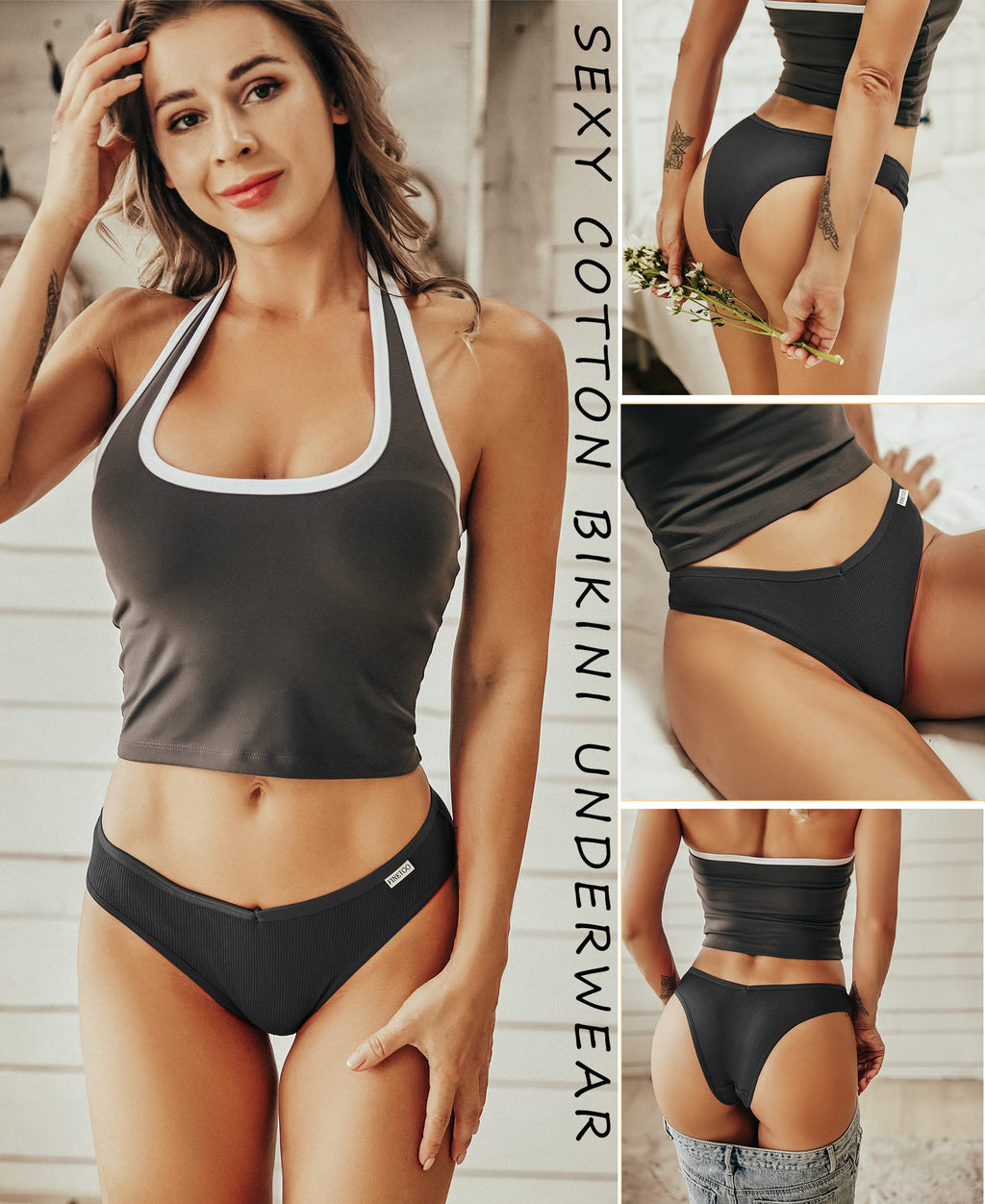 FINETOO 10 Pack Womens Cotton Underwear Sexy Stretch Bikini Panties Low Rise Hipster Ladies Soft V-Waist Cheeky(L)
