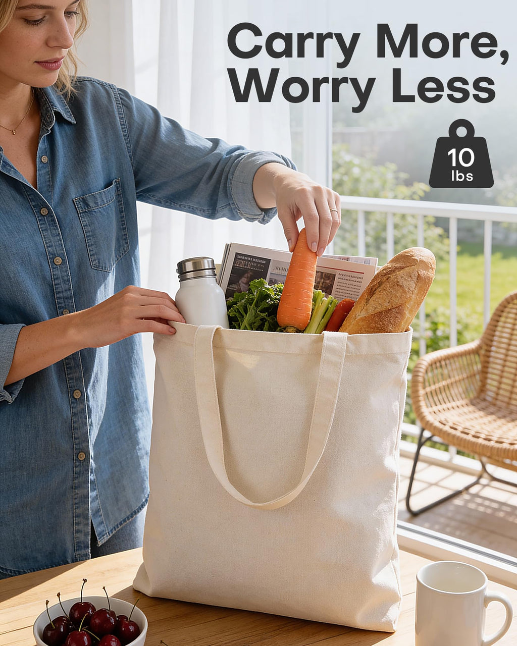 HOTOR 6 Pack DIY Canvas Tote Bag – Plain Lightweight Reusable Grocery Bags, Easy to Carry for Gift, Shopping, Work, 15.7" x 13", Beige