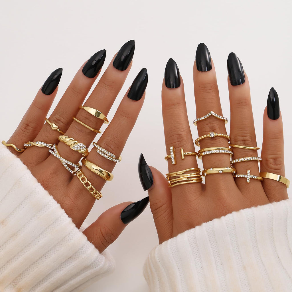 KISS WIFE Gold Silver Black Kunckle Rings Set for Women , Dainty Simple Trendy Cute Stackable Finger Rings Pack, Perfect for Stacking Layering on Thumb and Knuckle, Mixed Size, Jewelry Gift (Gold-Sparkling)