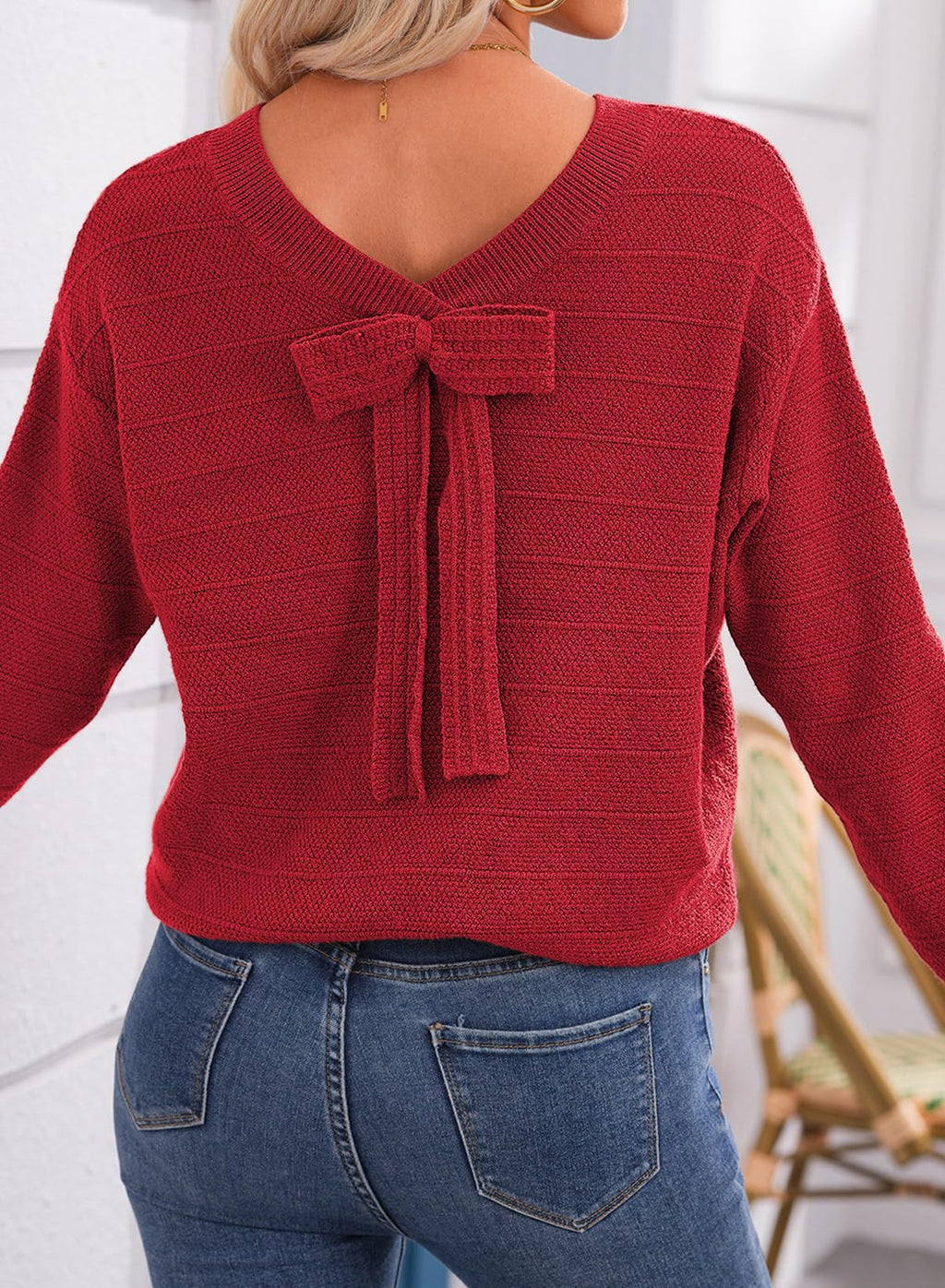 EVALESS Fall Sweaters for Women Long Sleeve Fashion Outfits 2025 Back Bow Knot Sweaters Round Neck Solid Fashion Clothes Knit Pullover Sweater Tops Red Medium