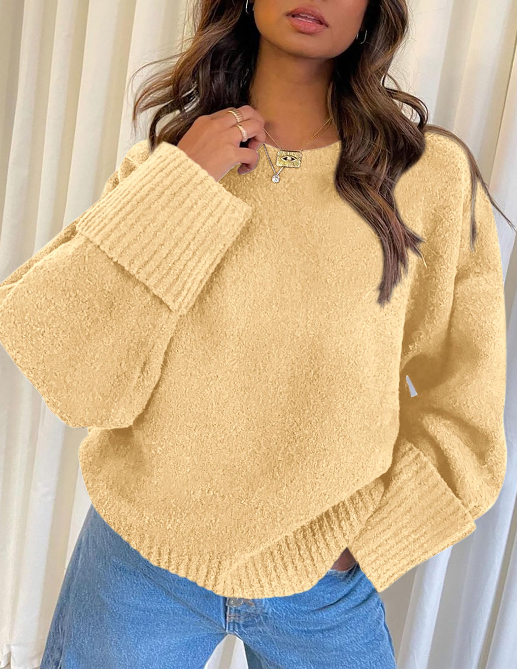 PRETTYGARDEN Women's Fall Oversized Sweaters Casual Crewneck Pullover Long Sleeve Fuzzy Chunky Knit Tops Blouse (Yellow,Small)
