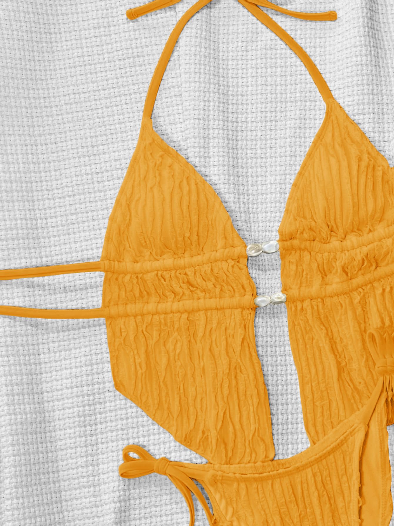 RoseSeek Women's 2 Piece Beaded Bikini Sets Halter Swimsuits Textured Backless Tie Side Bathing Suit Dark Yellow XS