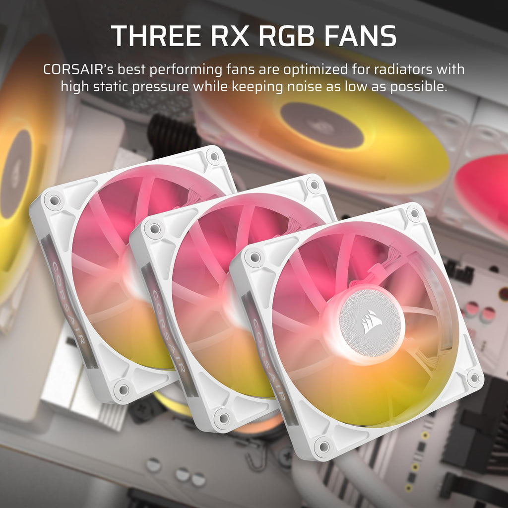 CORSAIR iCUE Link Titan 360 RX RGB Liquid CPU Cooler – 360mm AIO – Low-Noise – FlowDrive Cooling Engine – Intel LGA 1851/1700, AMD AM5/AM4 – 3X RX120 RGB Fans – iCUE Link System Hub Included – White