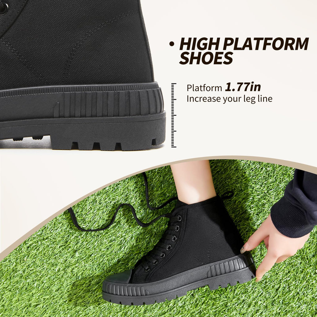 Rominz Women's White Platform Sneakers Fashion High Top Canvas Shoes for Women Black Lace-Up Canvas Sneakers Casual Platform Tennis Shoes(All Black,US8)