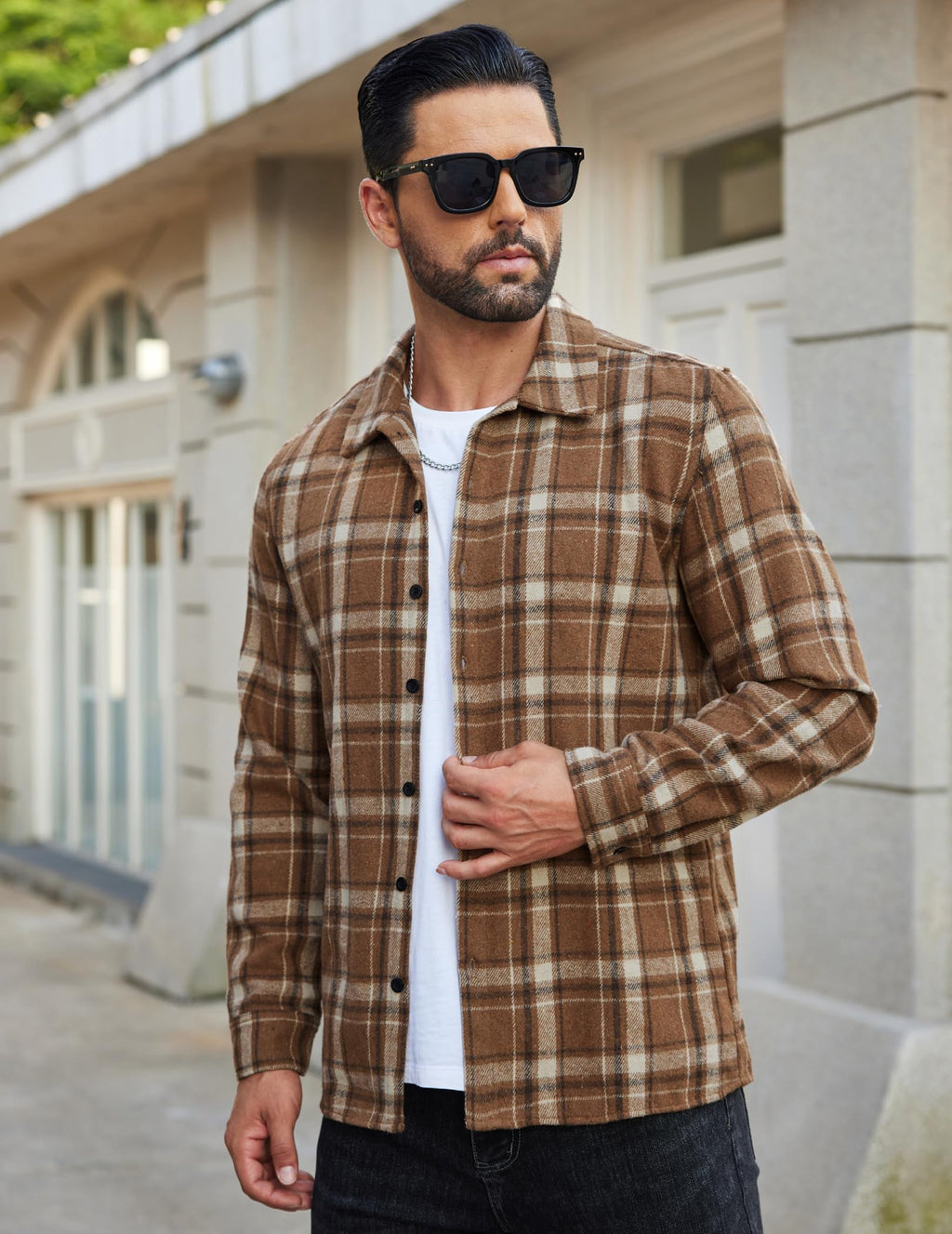 COOFANDY Men's Brown Flannel Plaid Jacket Regular Fit Long Sleeve Button Down Shirts Vintage Western Shacket