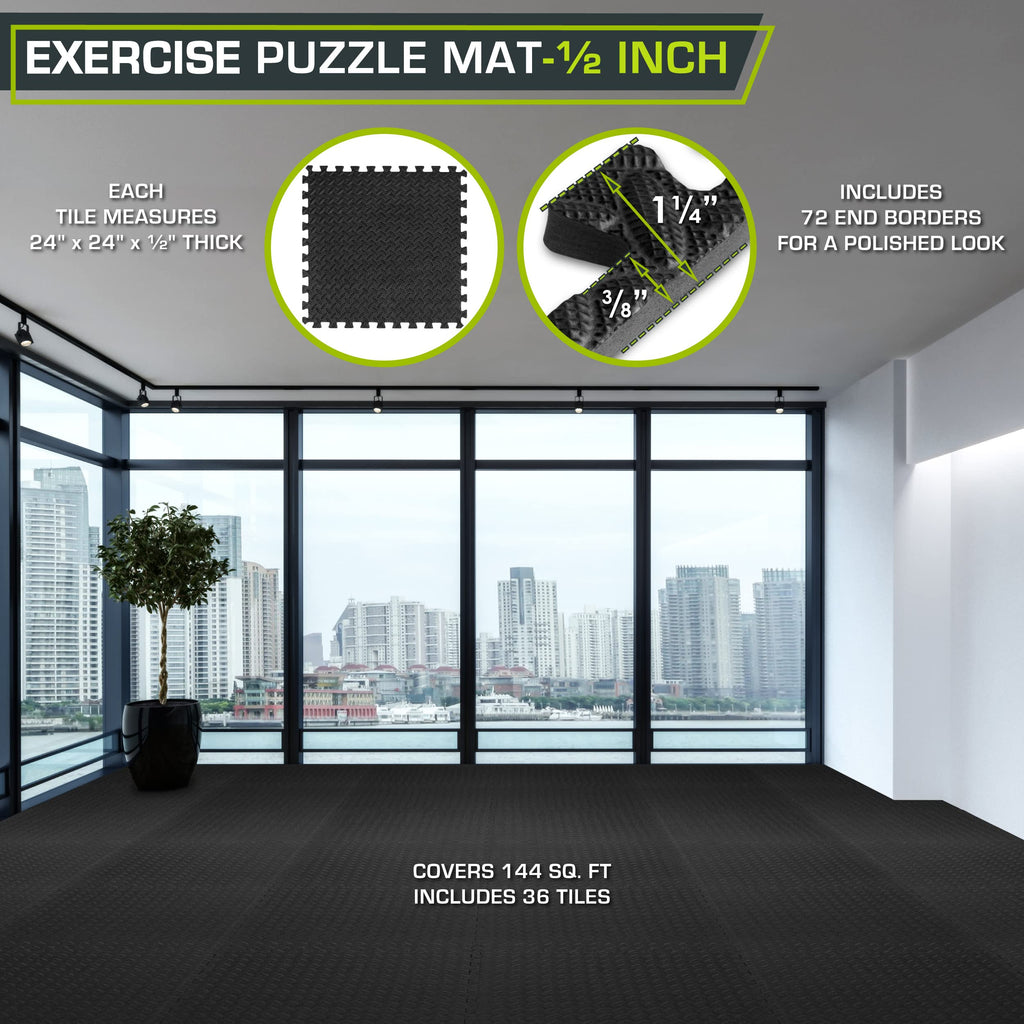 ProsourceFit Puzzle Exercise Mat ½ in, EVA Interlocking Foam Floor Tiles for Home Gym, Water-Resistant Mats Workout Equipment, Floor Padding for Kids, Black, 24 in x 24 in x ½ in, 144 Sq Ft - 36 Tiles