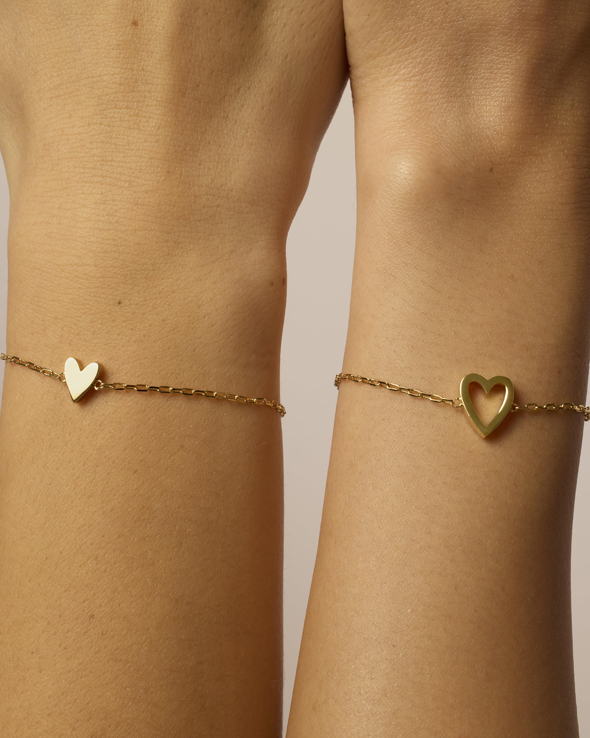 PAVOI 14K Yellow Gold Plated Matching Heart Charms Solitaire Bracelet Set for Women | Adjustable Valentines Day Love Friendship Two Bracelet Pack