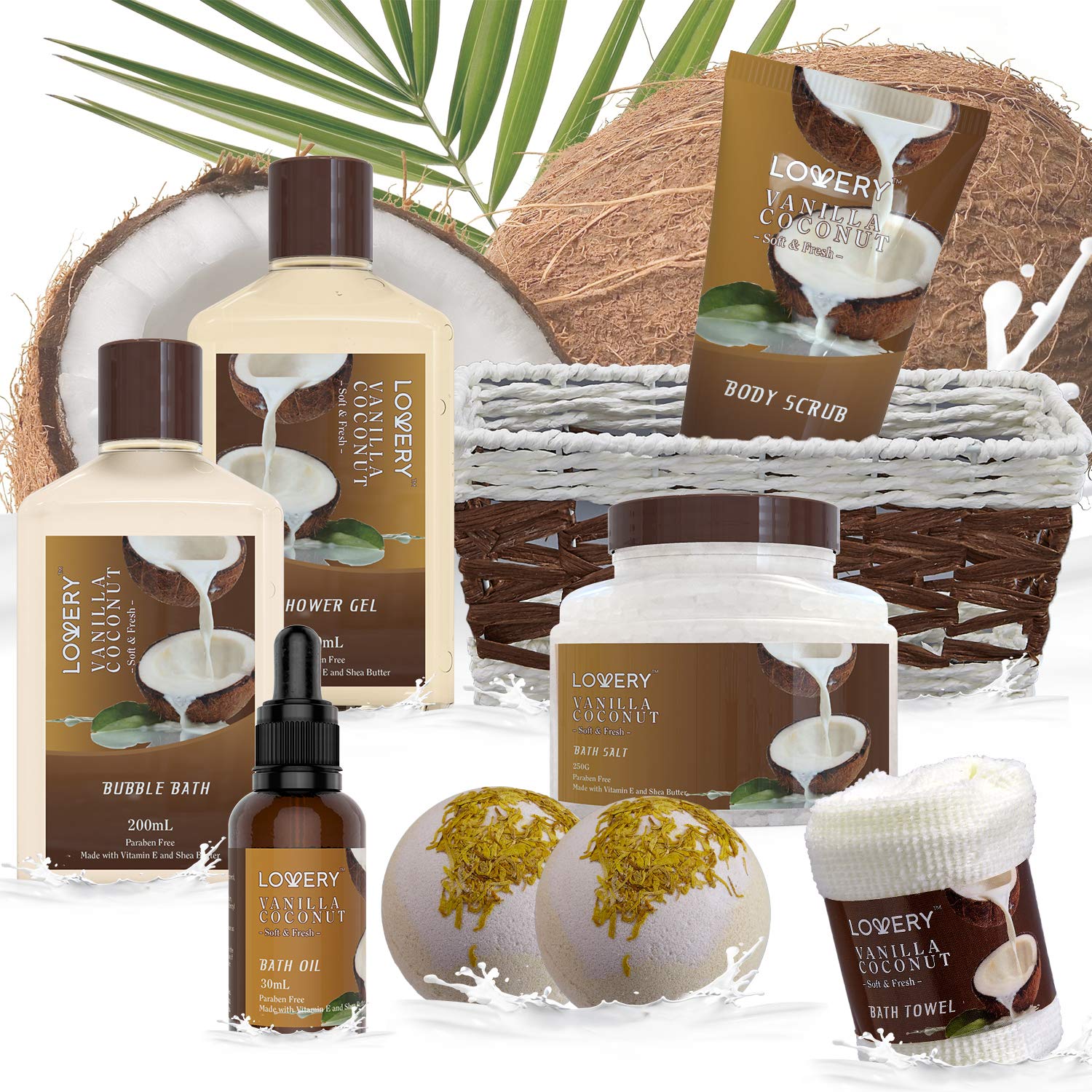 Gifts For Women Gift Basket for Women– 9 Piece Set of Vanilla Coconut Home Spa Set, Luxurious Valentines Day Gifts for Her, Bath and Body Sets Includes Fragrant Lotions, Large Bath Bombs, Coconut Oil