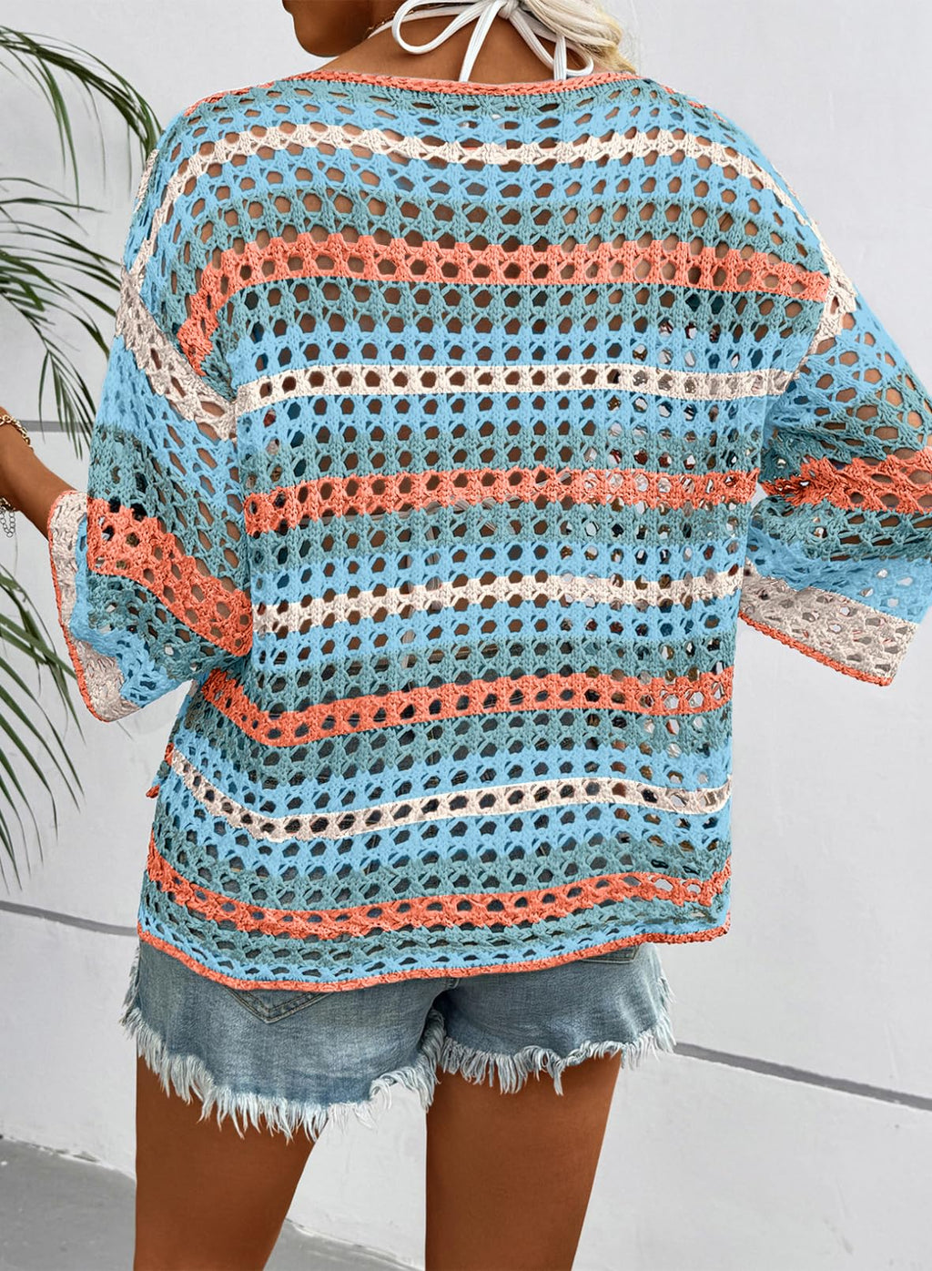 Dokotoo Womens Summer 3/4 Sleeve Knit Sweaters Crochet Tops for Women Cute Lightweight Casual Boho Color Block Striped Beach Vacation Clothes Fashion Hollow Out Cruise Outfits Moonlight Jade Large