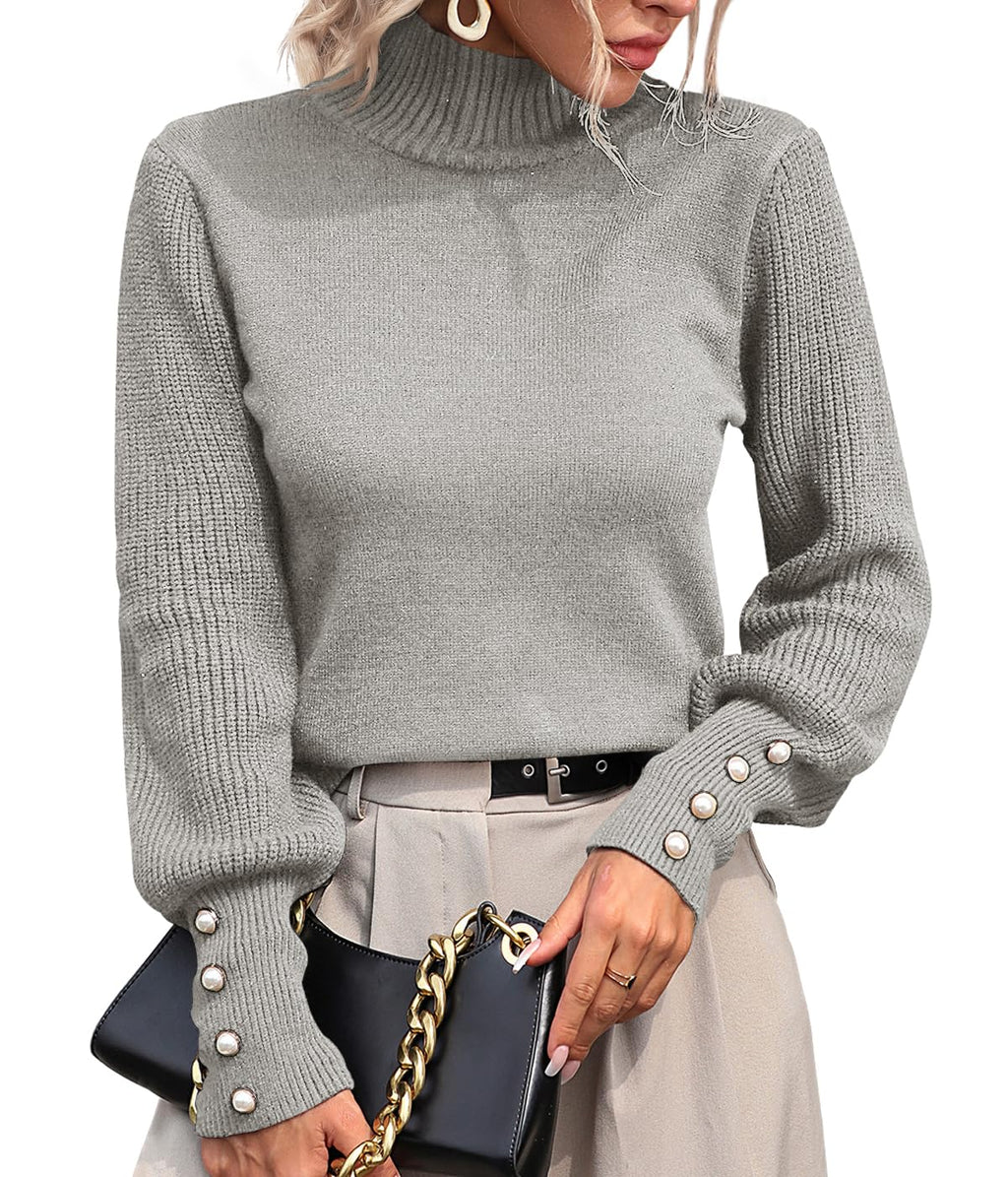 Upopby Women's 2025 2026 Fall Winter Sweater for Women Trendy Lightweight Mock Neck Lantern Long Sleeve Pullover Knitted Sweaters Grey L