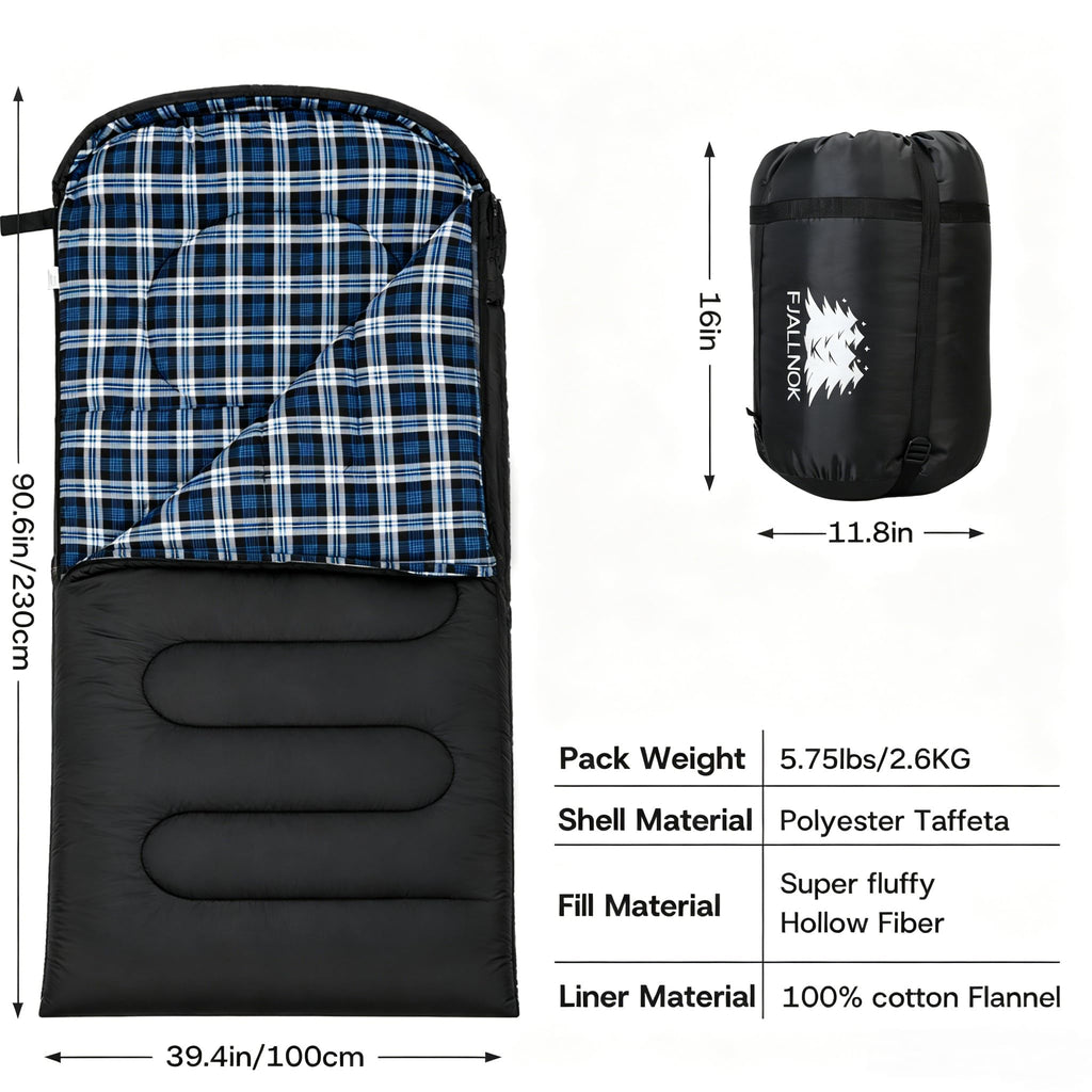 FJALLNOK Warm & Cold Weather Sleeping Bag,100% Cotton Flannel,Extra-Large for Adults & Kids,Lightweight Waterproof for Camping Hiking and Backpacking,Free Compression Sack