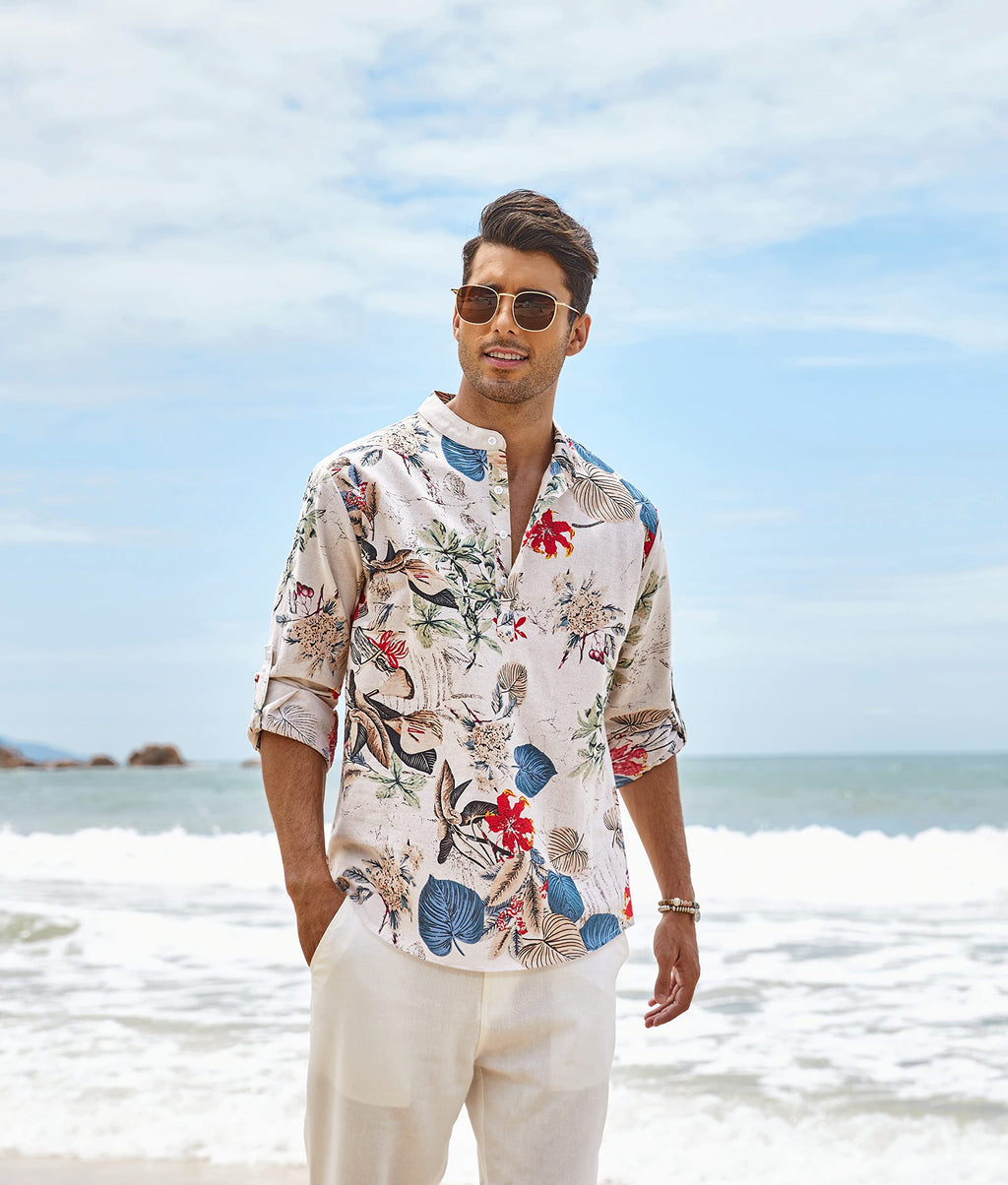 COOFANDY Men's Cotton Linen Shirts Long Sleeve Casual T-Shirts Hippie Summer Beach Tops