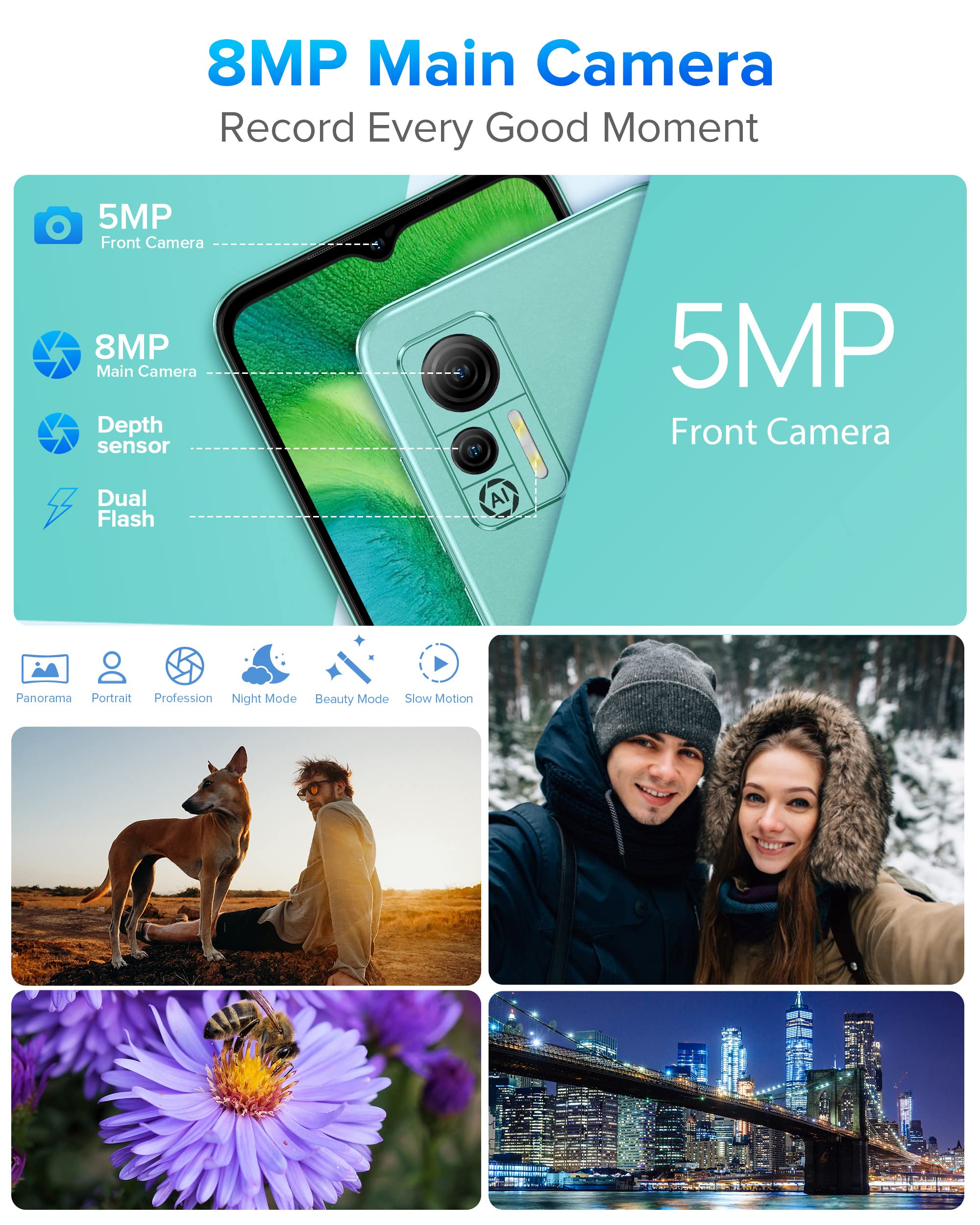 Ulefone Unlocked Smartphone, Note 14 Cell Phone Unlocked, Android 12, 6.52" IPS Full-Screen, 4500mAh, 7GB + 16GB, 3-Card Slots, 8MP Camera, Dual SIM, Face Recognition, 4G Cheap Phones - Green